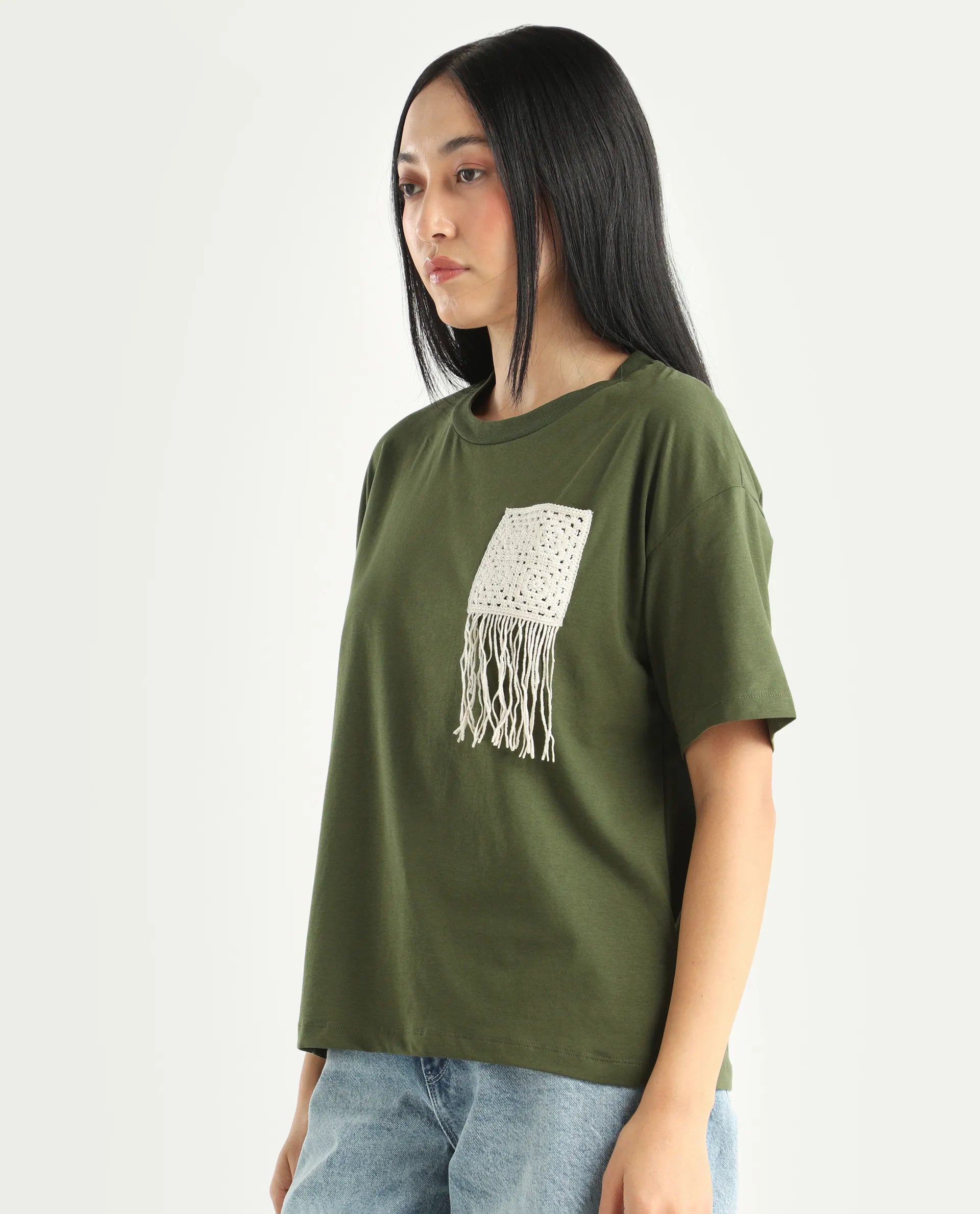 Rareism Women's Ronrufo Olive Cotton Blend Round Neck Plain Boxy Fit T-Shirt
