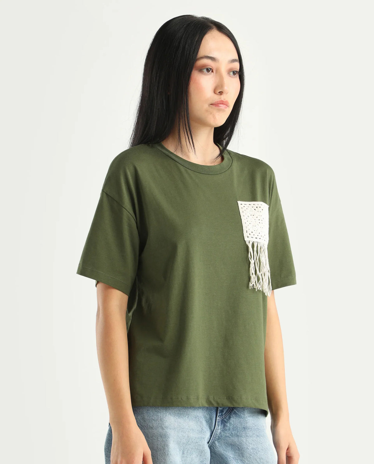 Rareism Women's Ronrufo Olive Cotton Blend Round Neck Plain Boxy Fit T-Shirt