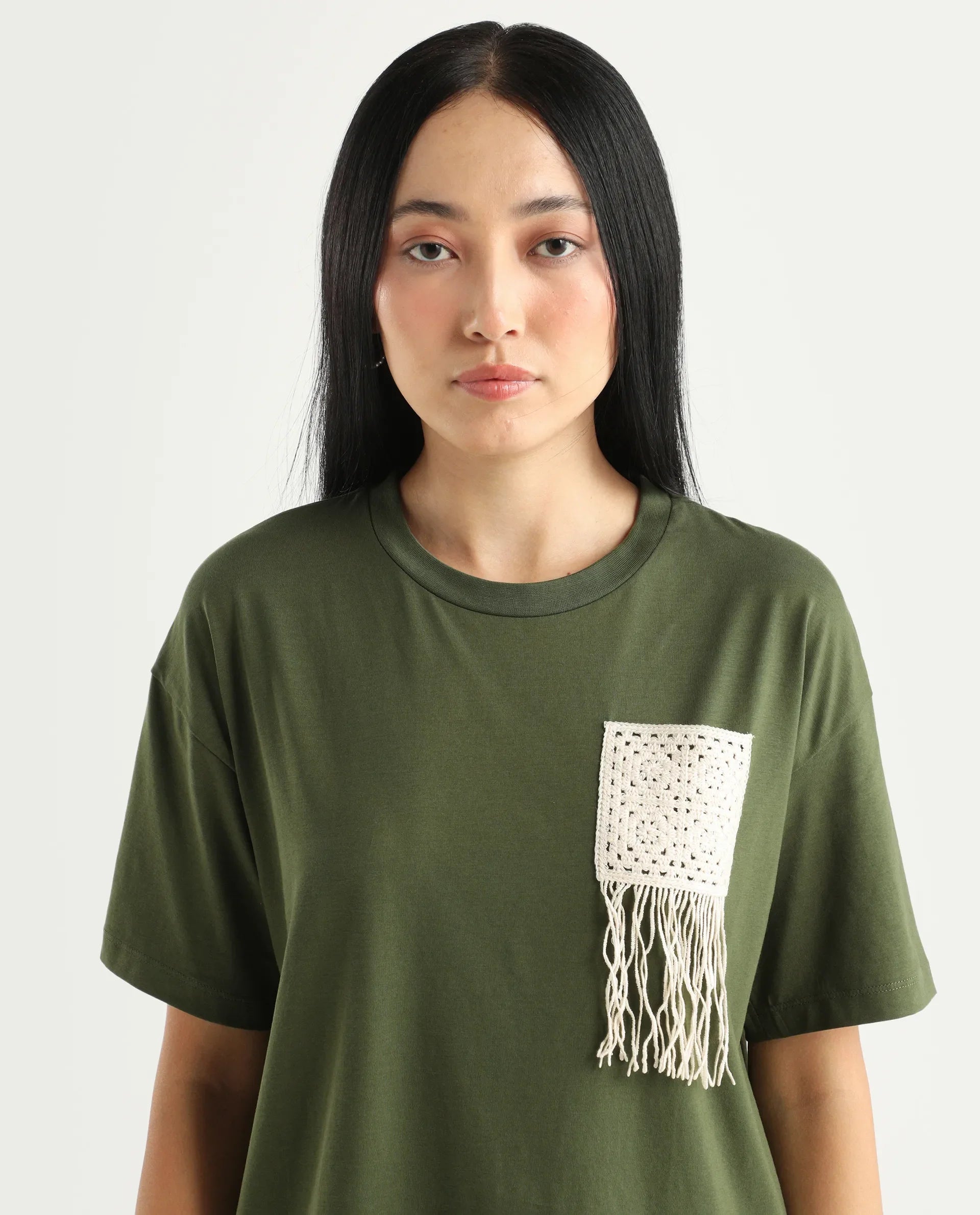 Rareism Women's Ronrufo Olive Cotton Blend Round Neck Plain Boxy Fit T-Shirt