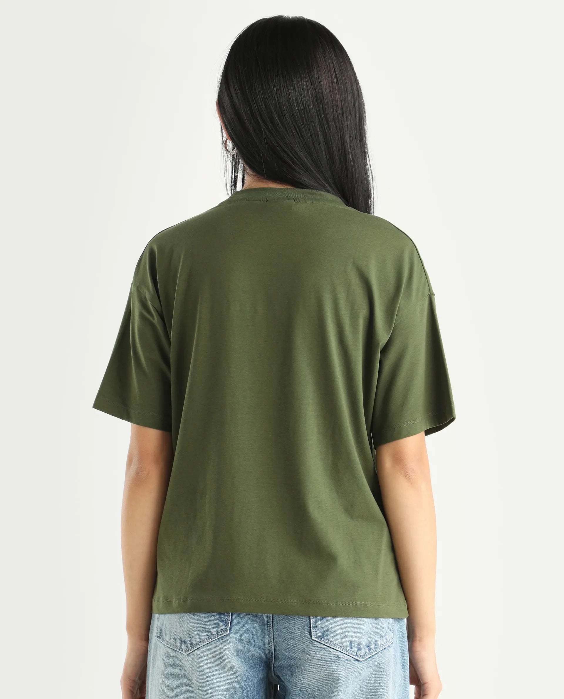 Rareism Women's Ronrufo Olive Cotton Blend Round Neck Plain Boxy Fit T-Shirt