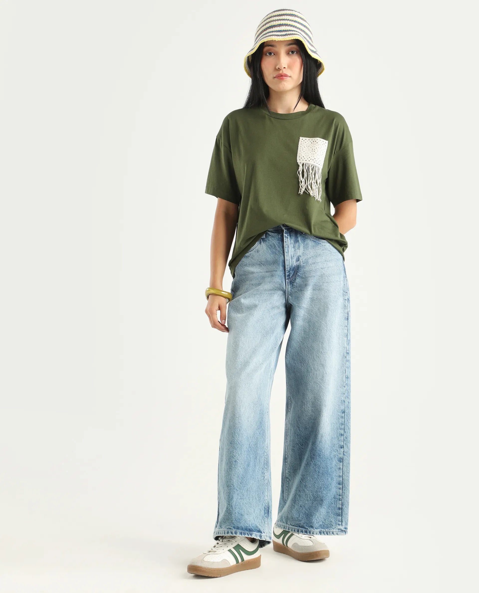 Rareism Women's Ronrufo Olive Cotton Blend Round Neck Plain Boxy Fit T-Shirt