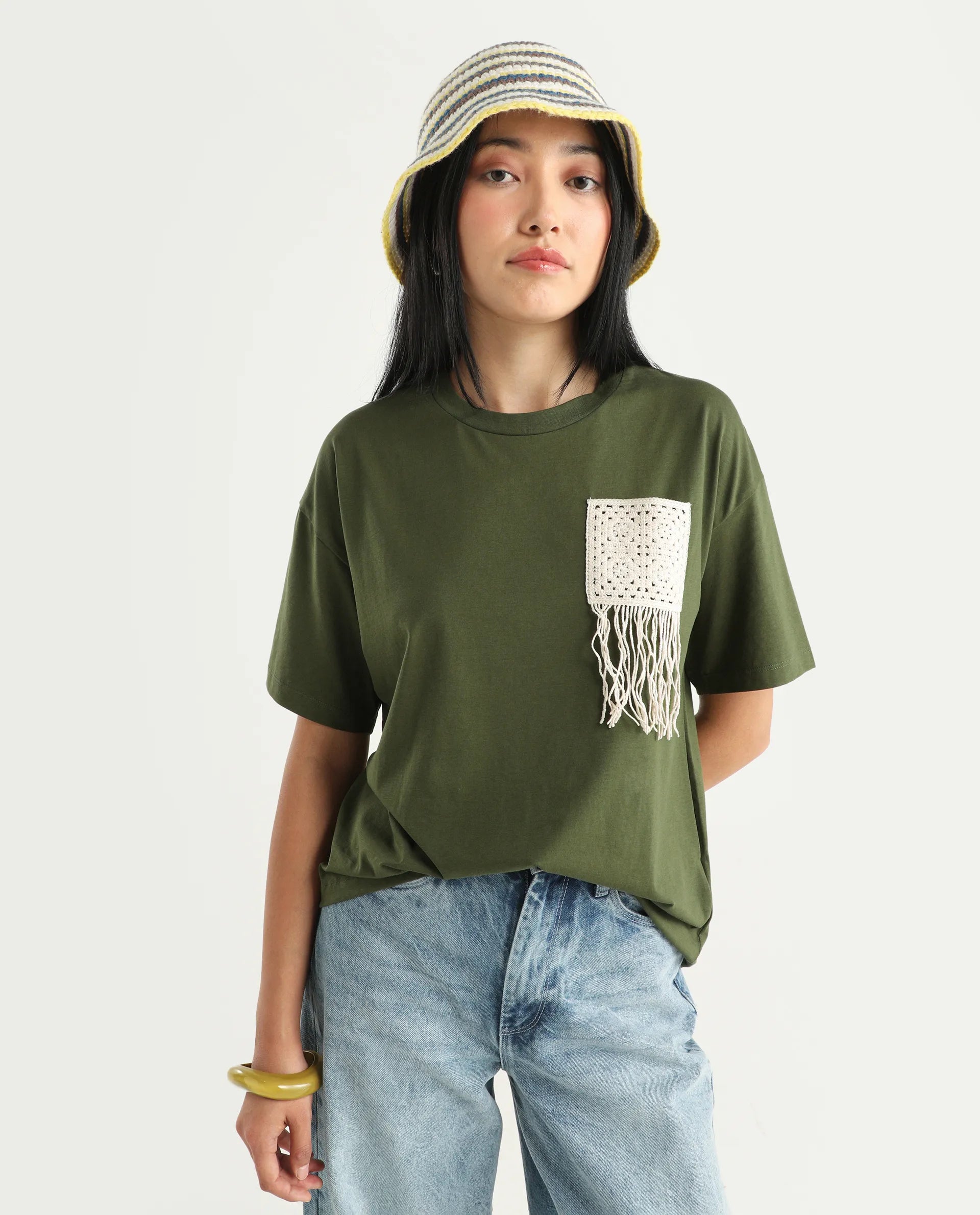Rareism Women's Ronrufo Olive Cotton Blend Round Neck Plain Boxy Fit T-Shirt