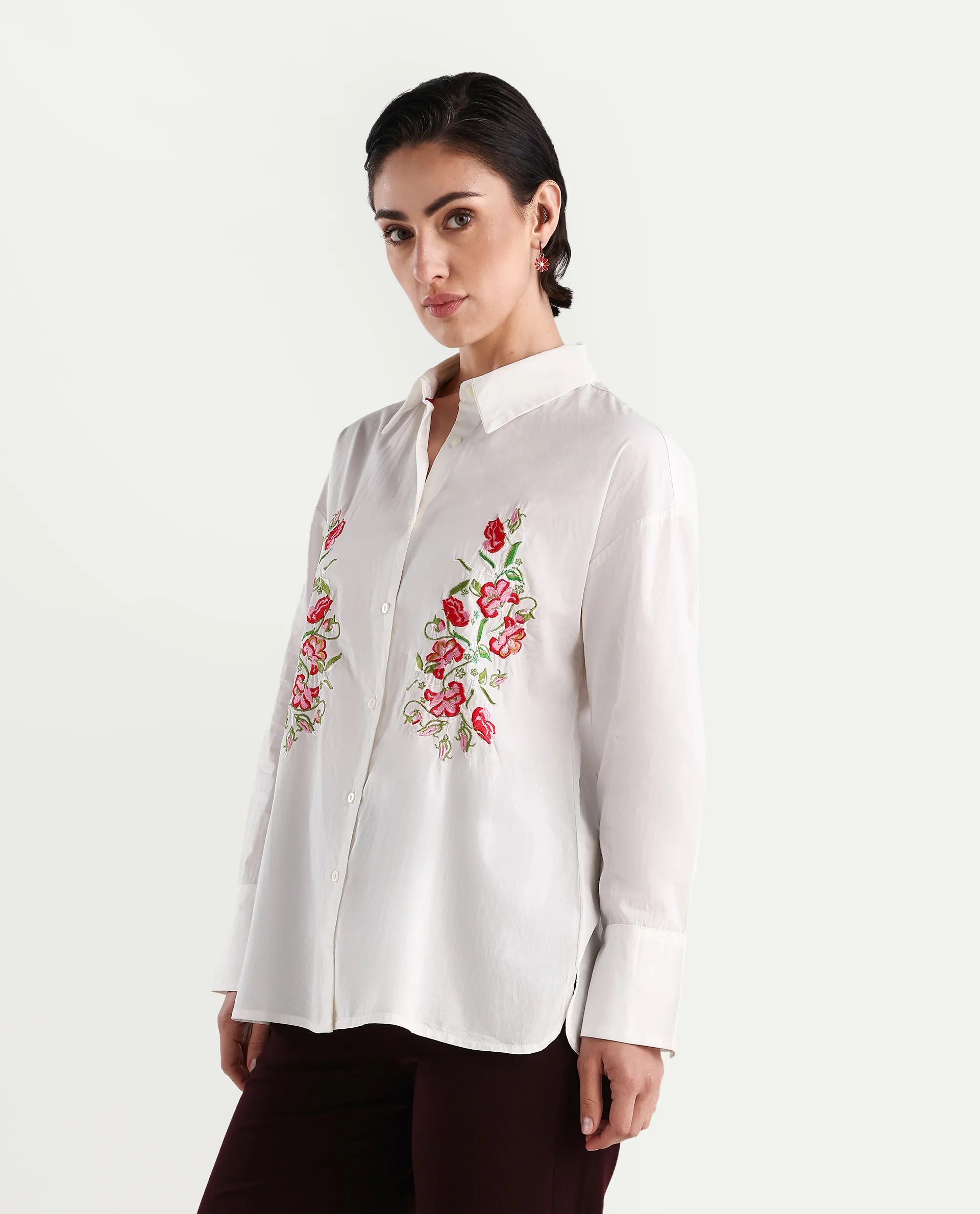 Rareism Women's Ronshei White Cotton Spread Collar Floral Print Regular Fit Shirt