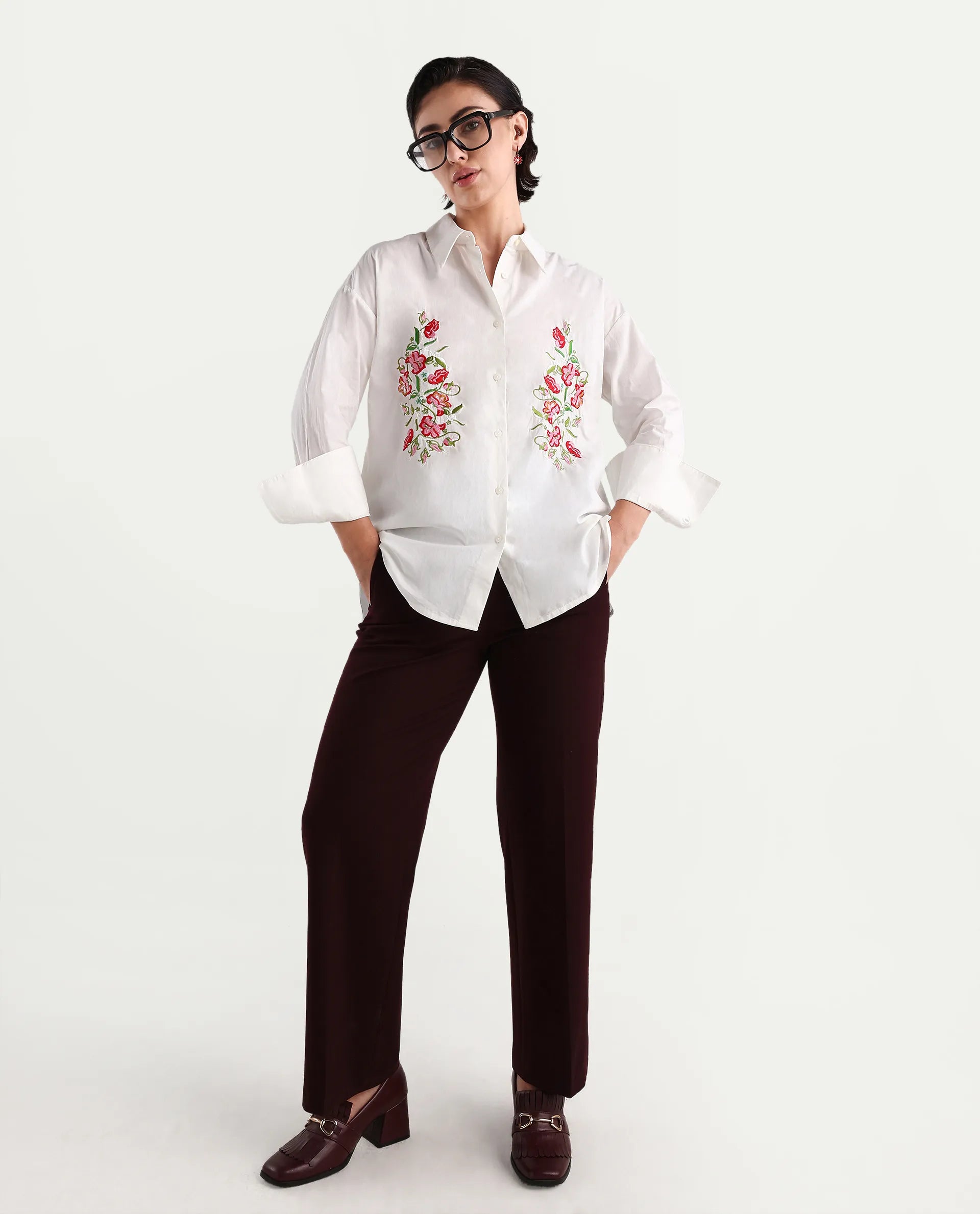 Rareism Women's Ronshei White Cotton Spread Collar Floral Print Regular Fit Shirt