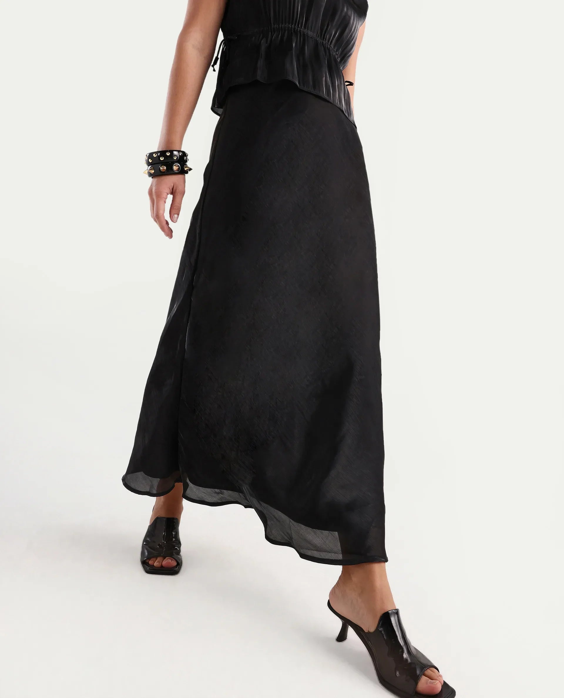 Rareism Women's Ronski Black Polyester Plain Maxi A-Line Skirt