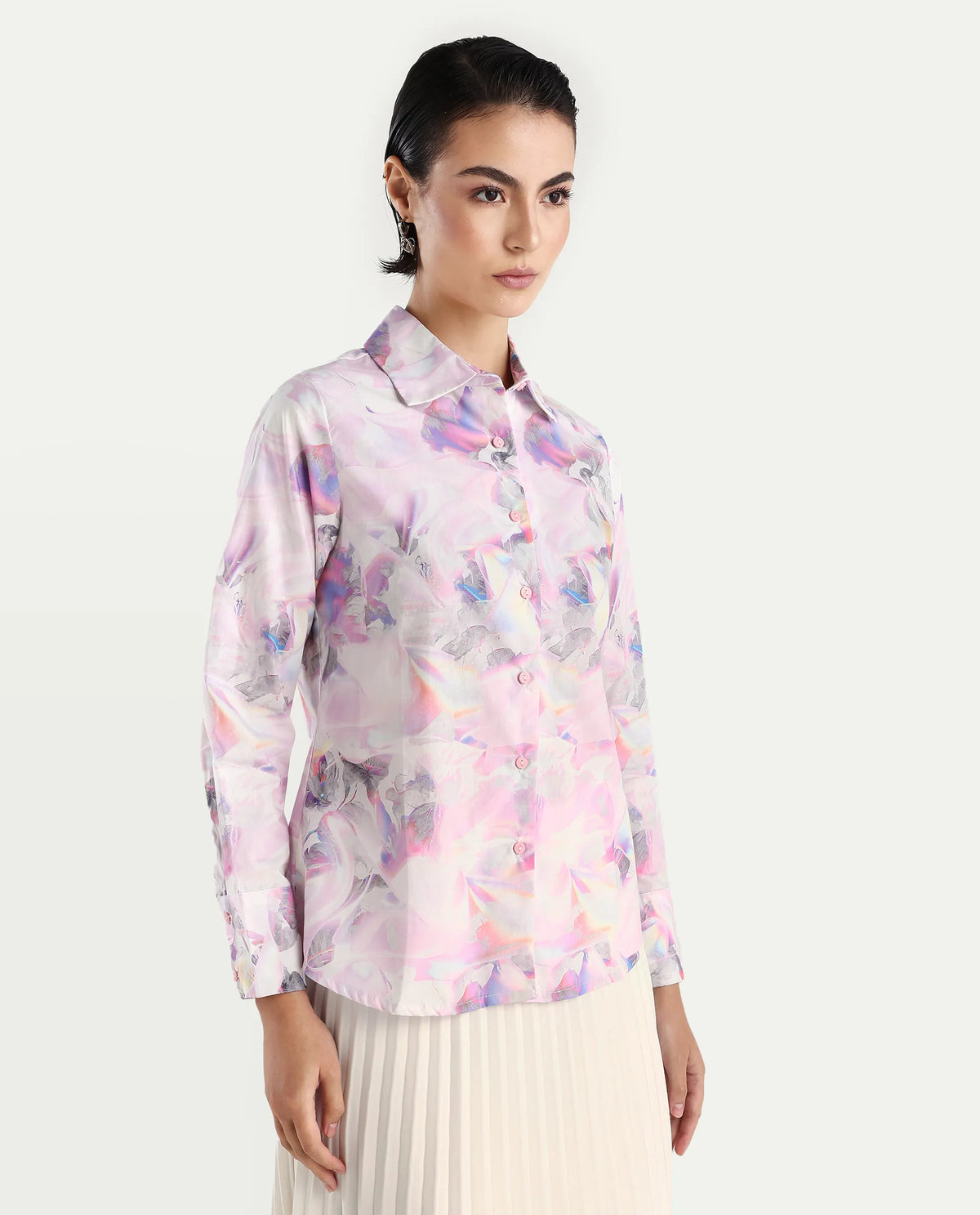 Rareism Women's Ronton Multi Cotton Ribbed Collar Abstract Print Cuffed Sleeve Regular Fit Top
