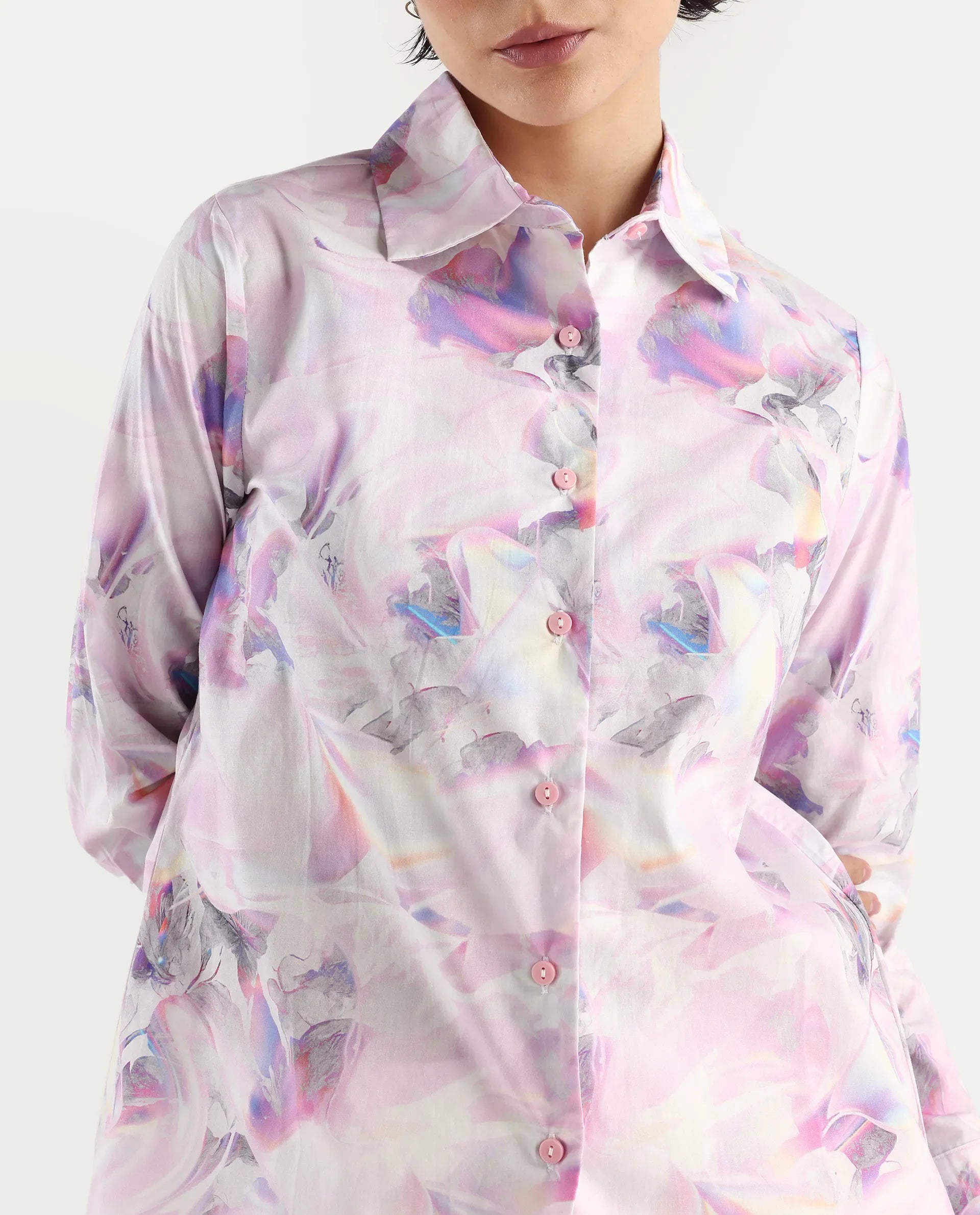Rareism Women's Ronton Multi Cotton Ribbed Collar Abstract Print Cuffed Sleeve Regular Fit Top
