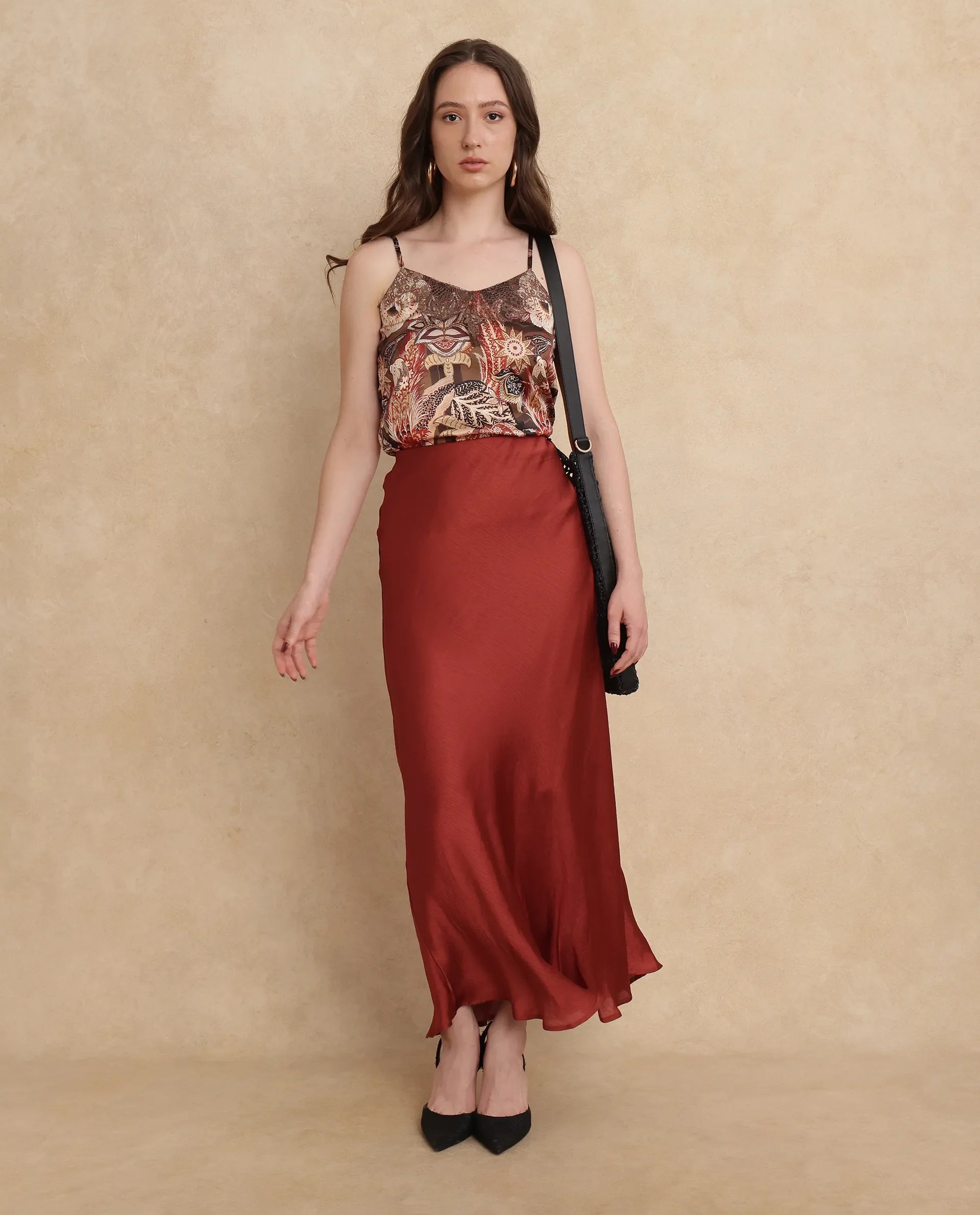 Rareism Women's Ronu B Rust Polyester Plain Maxi Fitted Skirt