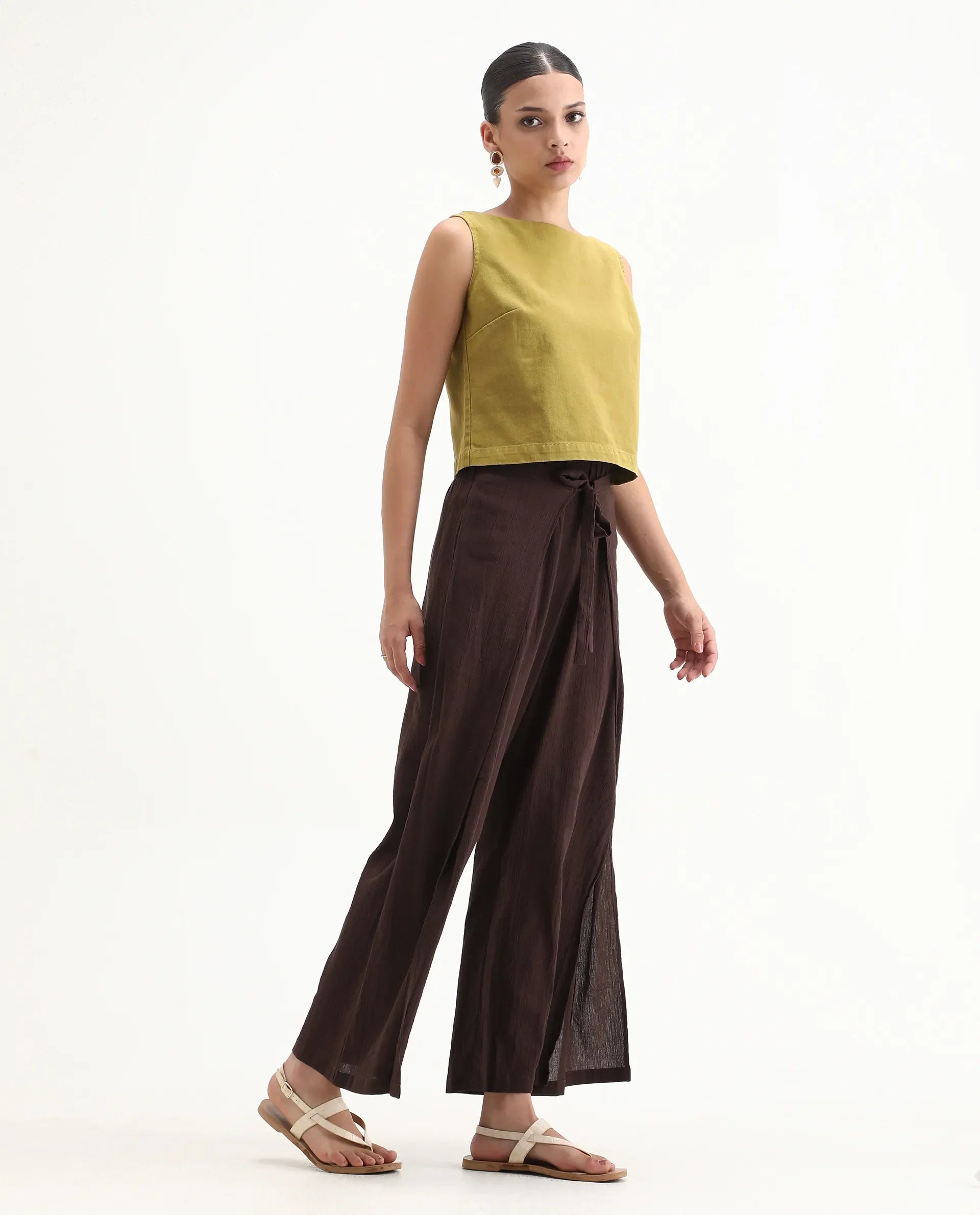 Rareism Women's Ronuz Brown Cotton Plain Ankle Length Straight Fit Trouser