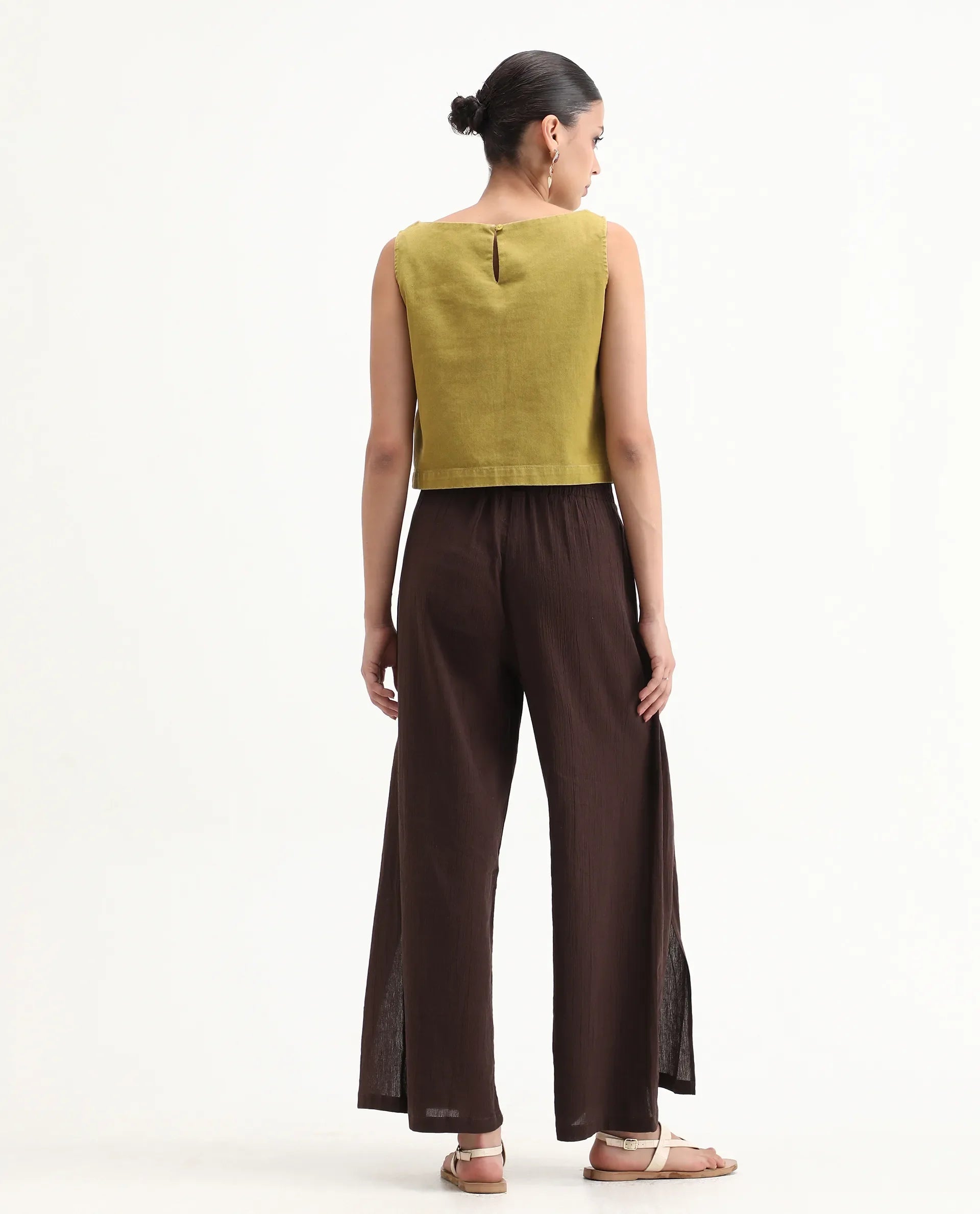 Rareism Women's Ronuz Brown Cotton Plain Ankle Length Straight Fit Trouser