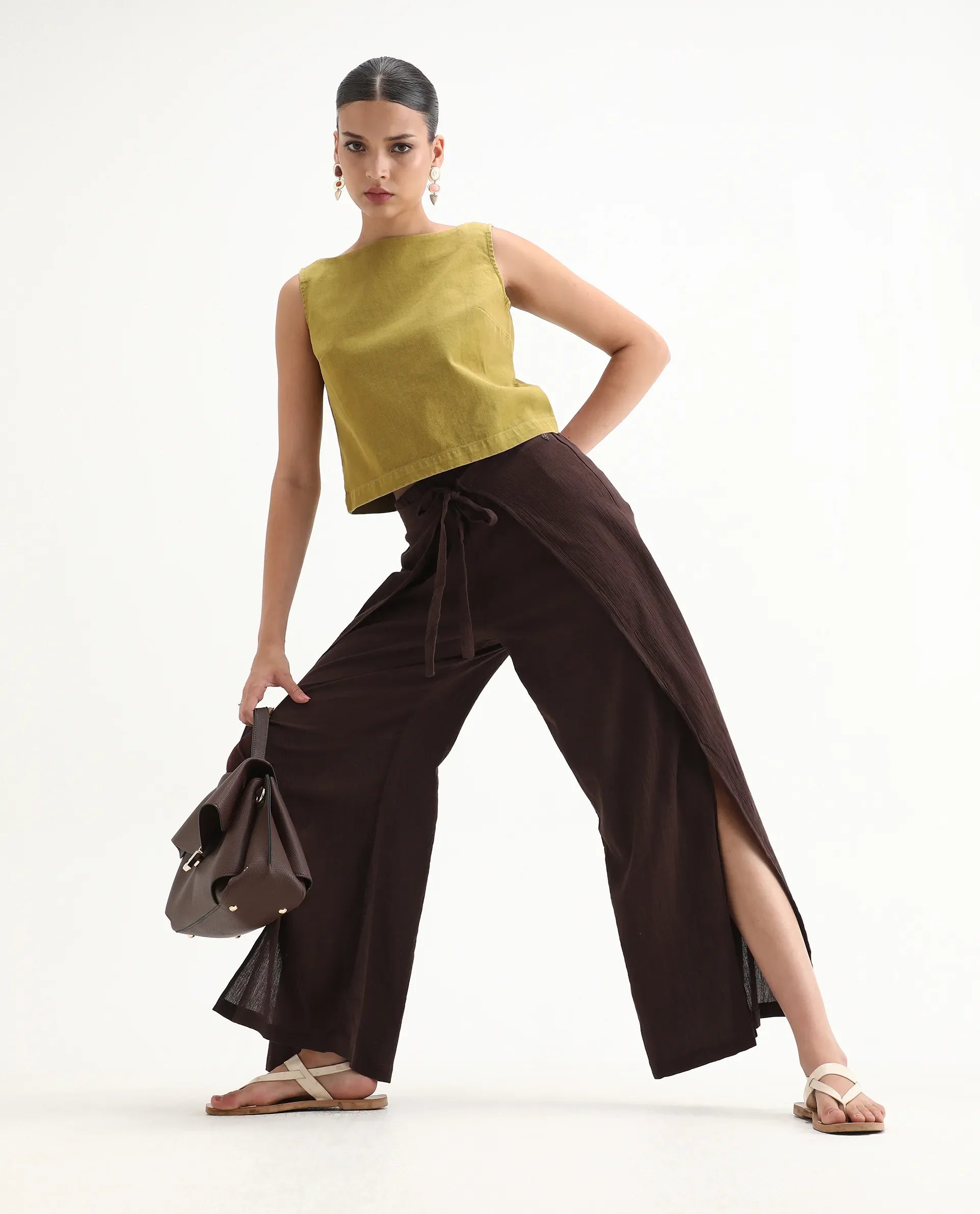 Rareism Women's Ronuz Brown Cotton Plain Ankle Length Straight Fit Trouser