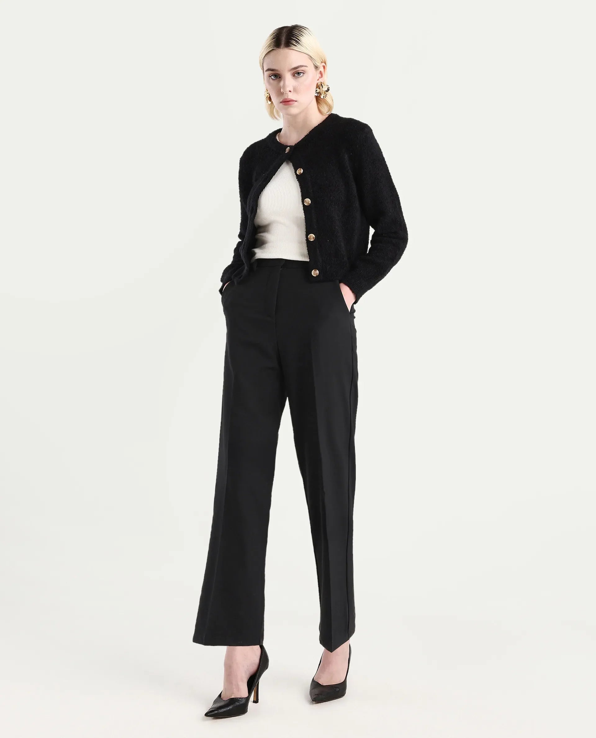 Rareism Women's Ronwip Black Polyester Blend Plain Ankle Length Straight Fit Trouser