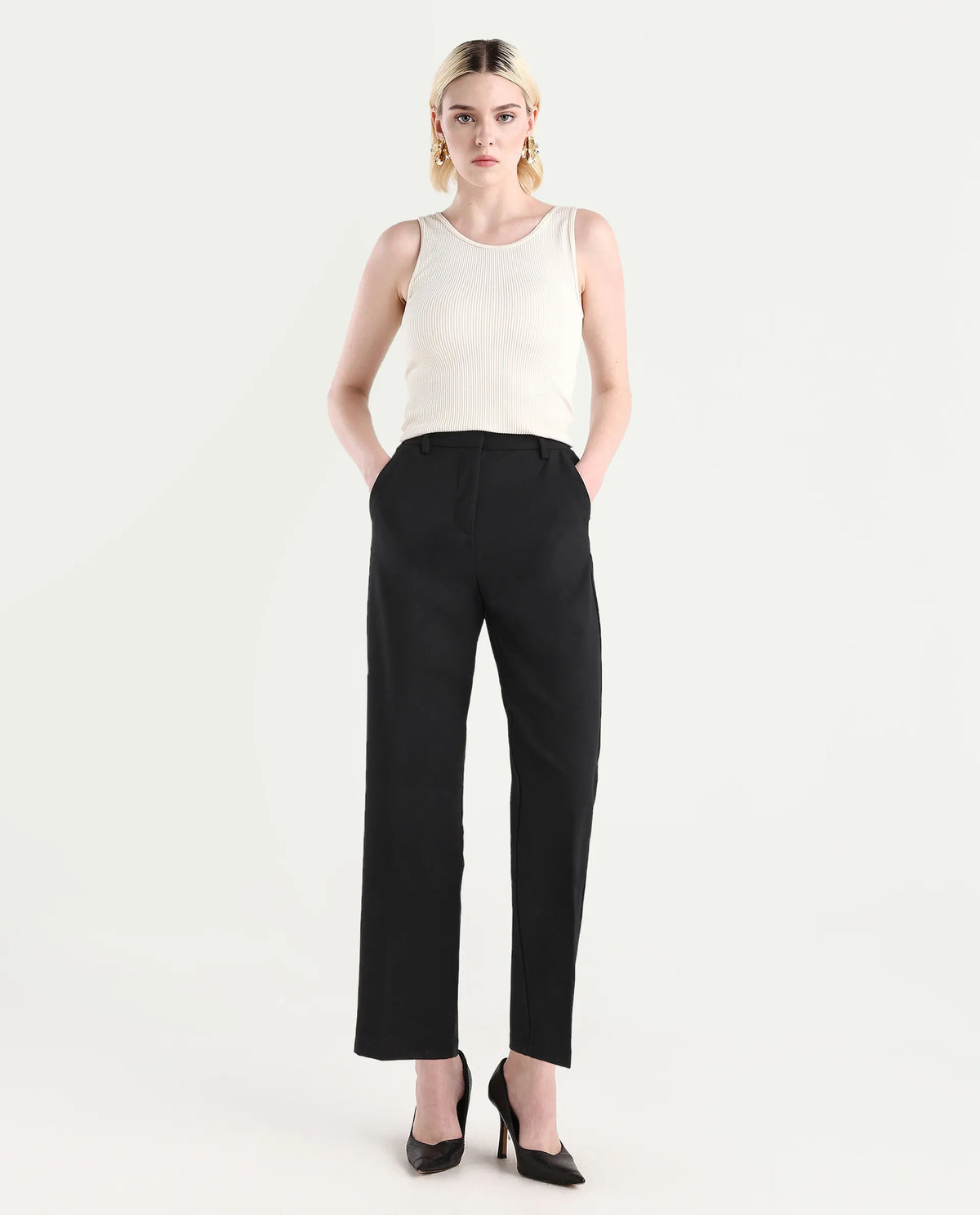 Rareism Women's Ronwip Black Polyester Blend Plain Ankle Length Straight Fit Trouser
