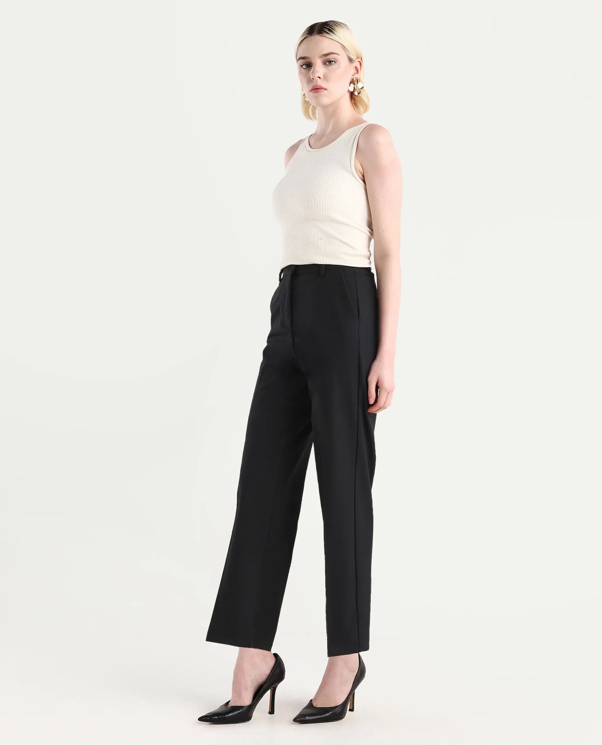 Rareism Women's Ronwip Black Polyester Blend Plain Ankle Length Straight Fit Trouser