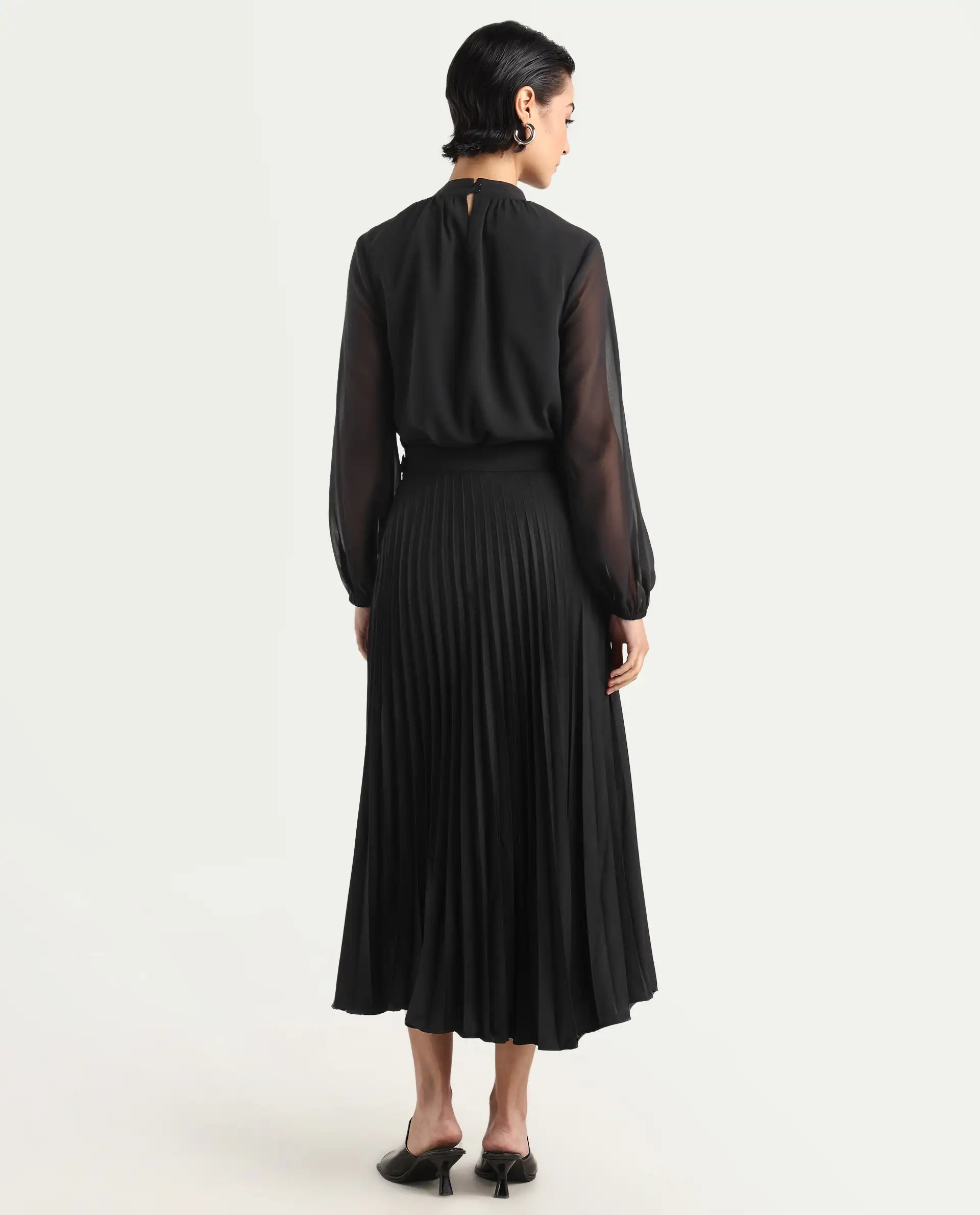 Rareism Women's Ronwiz Black Polyester Blend Plain Midi A-Line Skirt