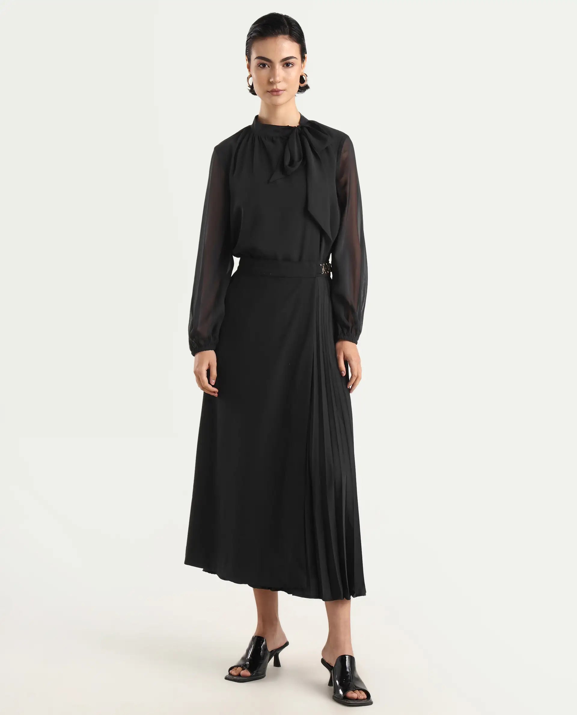 Rareism Women's Ronwiz Black Polyester Blend Plain Midi A-Line Skirt