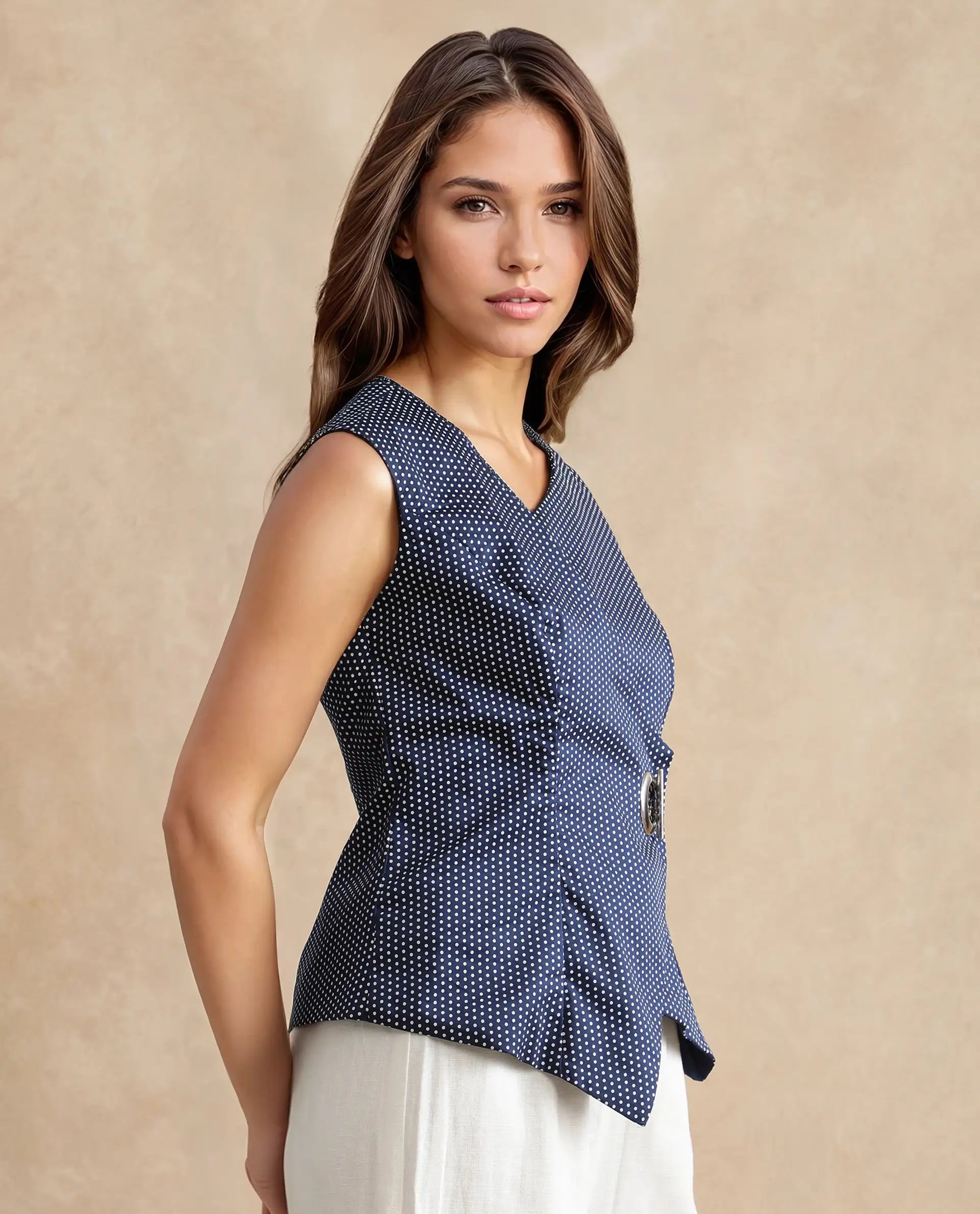 Rareism Women's Ronwolo Blue Cotton Overlap Neck Polka Print Sleeveless Regular Fit Top