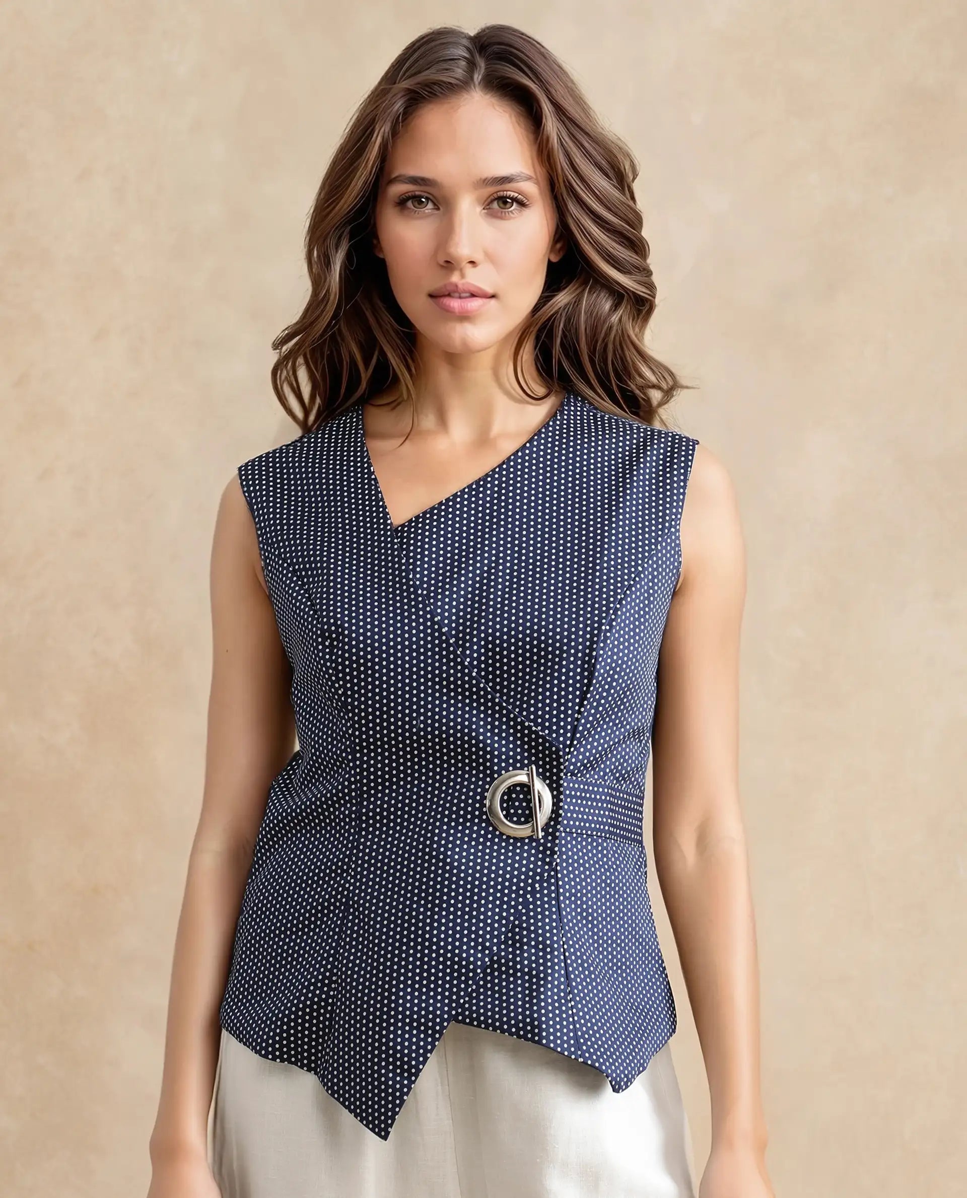 Rareism Women's Ronwolo Blue Cotton Overlap Neck Polka Print Sleeveless Regular Fit Top