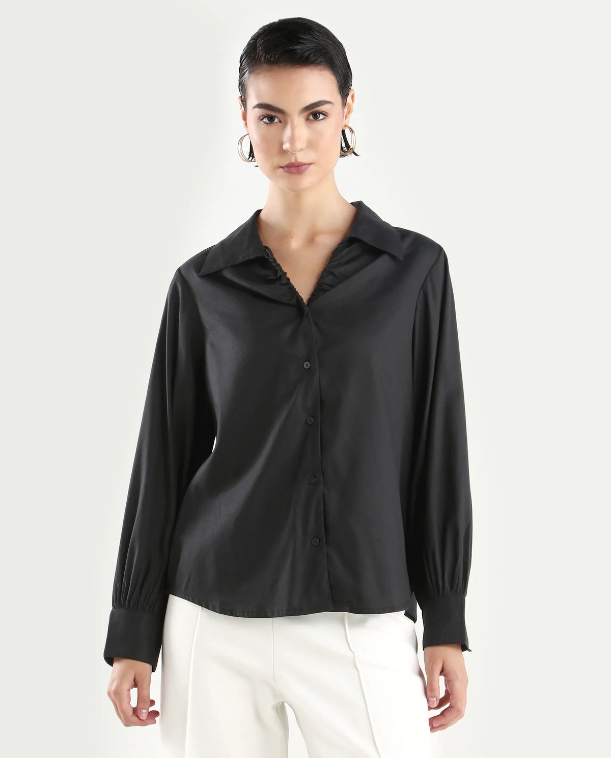 Rareism Women's Ronwopi Black Modal Spread Collar Plain Cuffed Sleeve Regular Fit Shirt