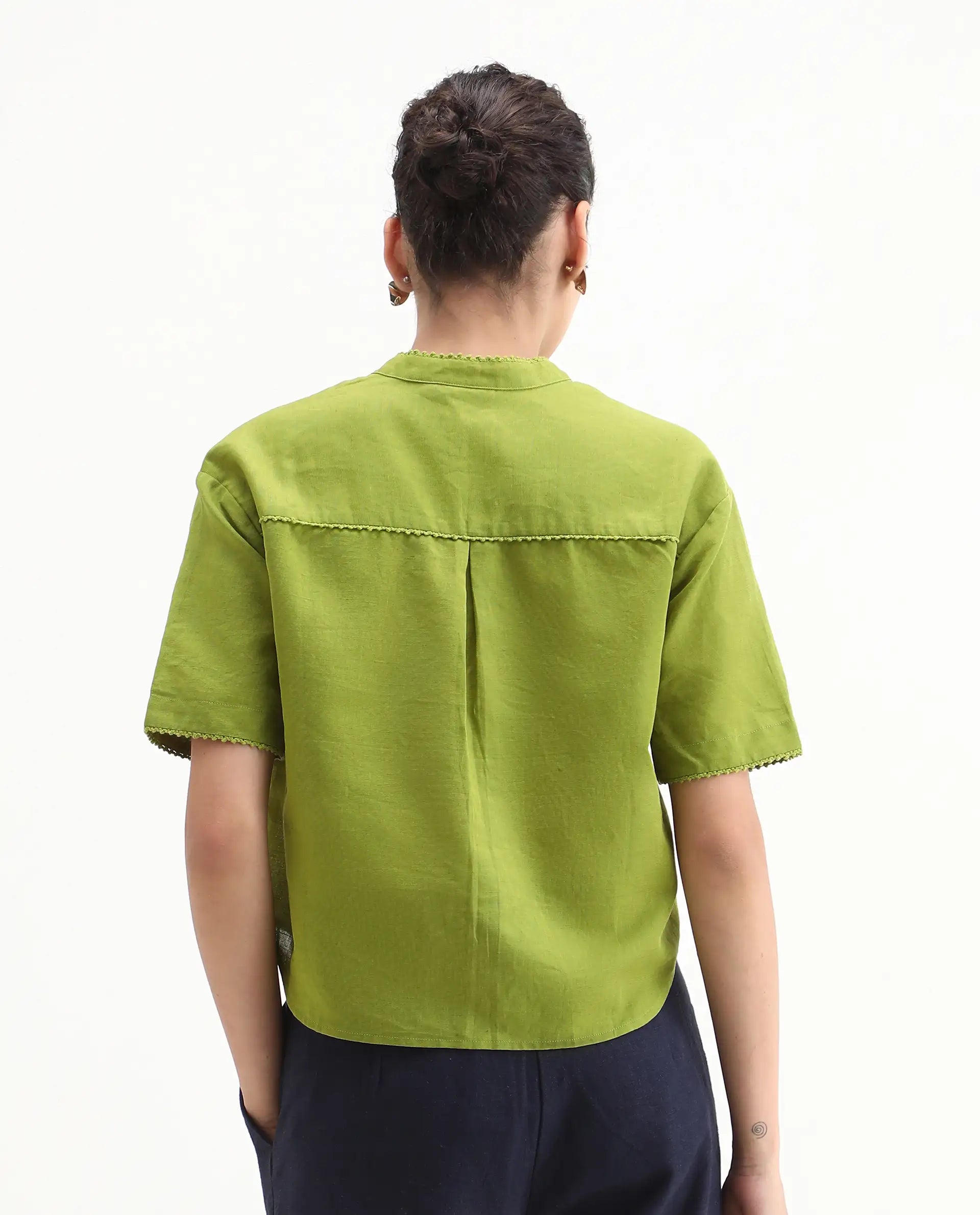 Rareism Women's Rony Olive Linen Mandarin Collar Plain Regular Fit Top