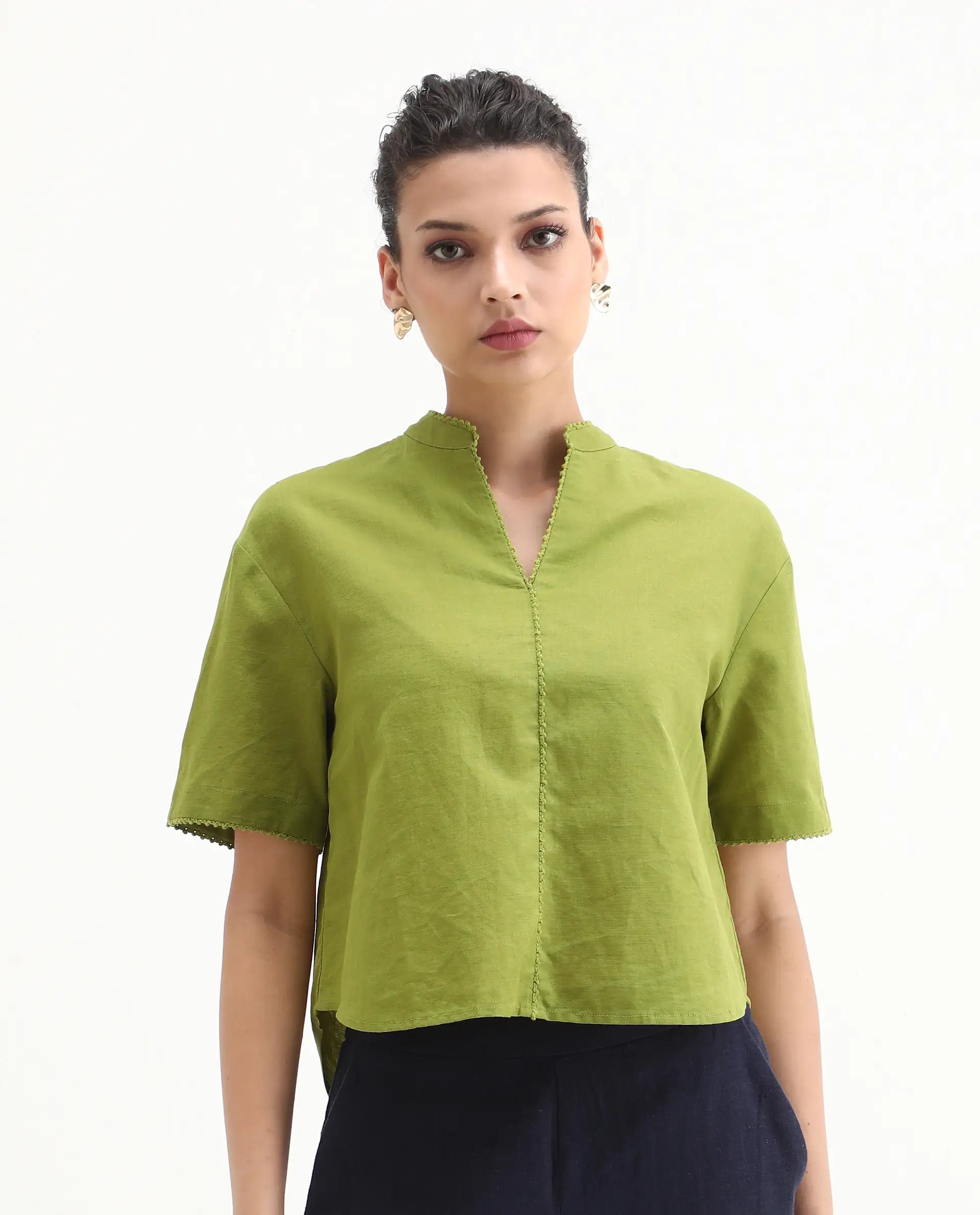 Rareism Women's Rony Olive Linen Mandarin Collar Plain Regular Fit Top