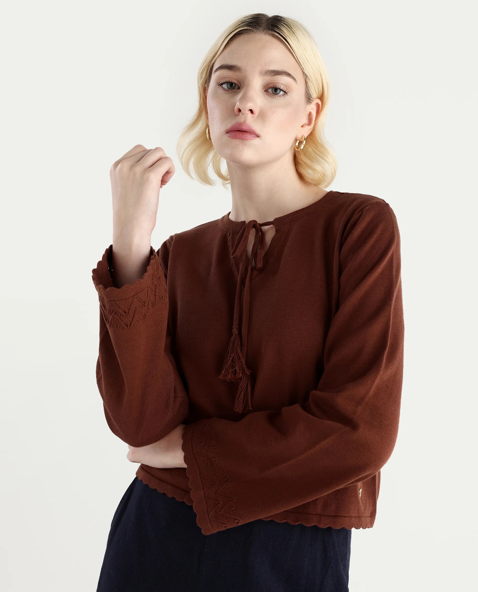 Rareism Women's Ronzmu Dark Brown Cotton Tie-Up Neck Plain Regular Fit Top