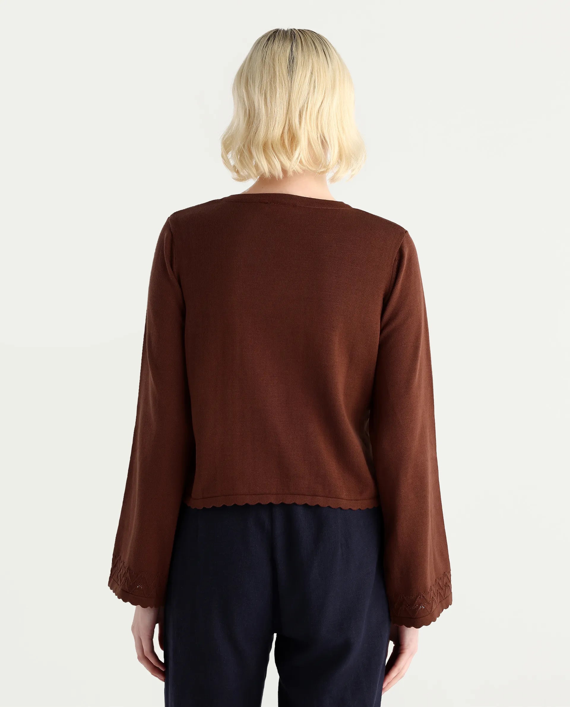 Rareism Women's Ronzmu Dark Brown Cotton Tie-Up Neck Plain Regular Fit Top