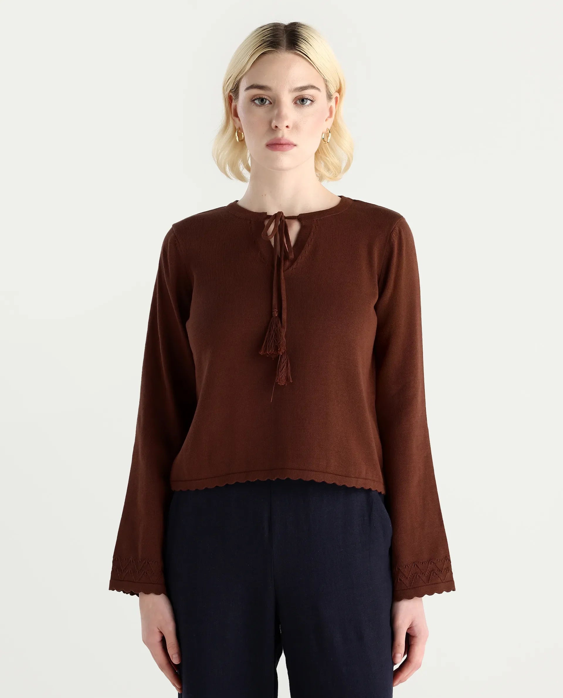 Rareism Women's Ronzmu Dark Brown Cotton Tie-Up Neck Plain Regular Fit Top