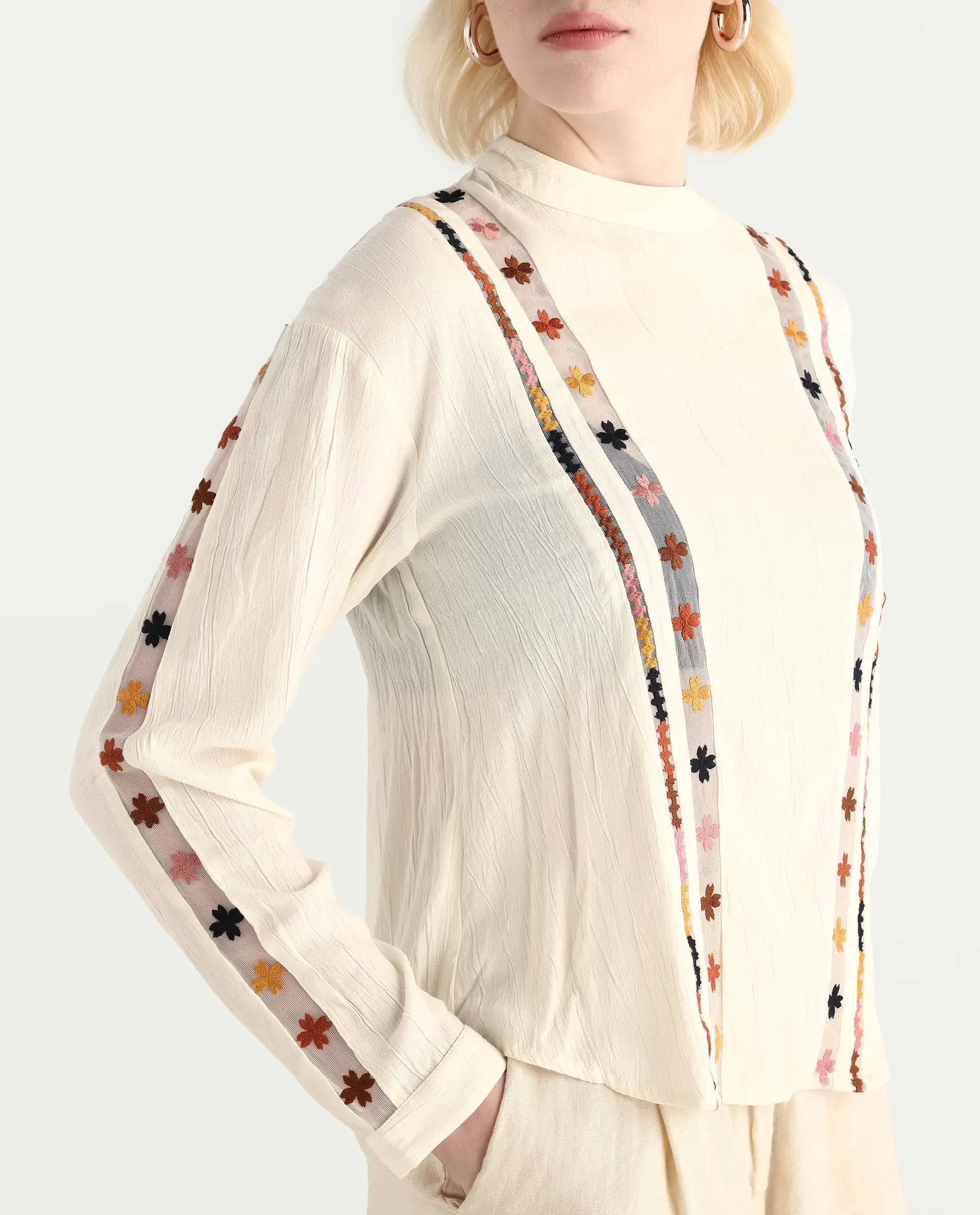 Rareism Women's Ronz Off White Viscose Round Neck Embroidered Relaxed Fit Top