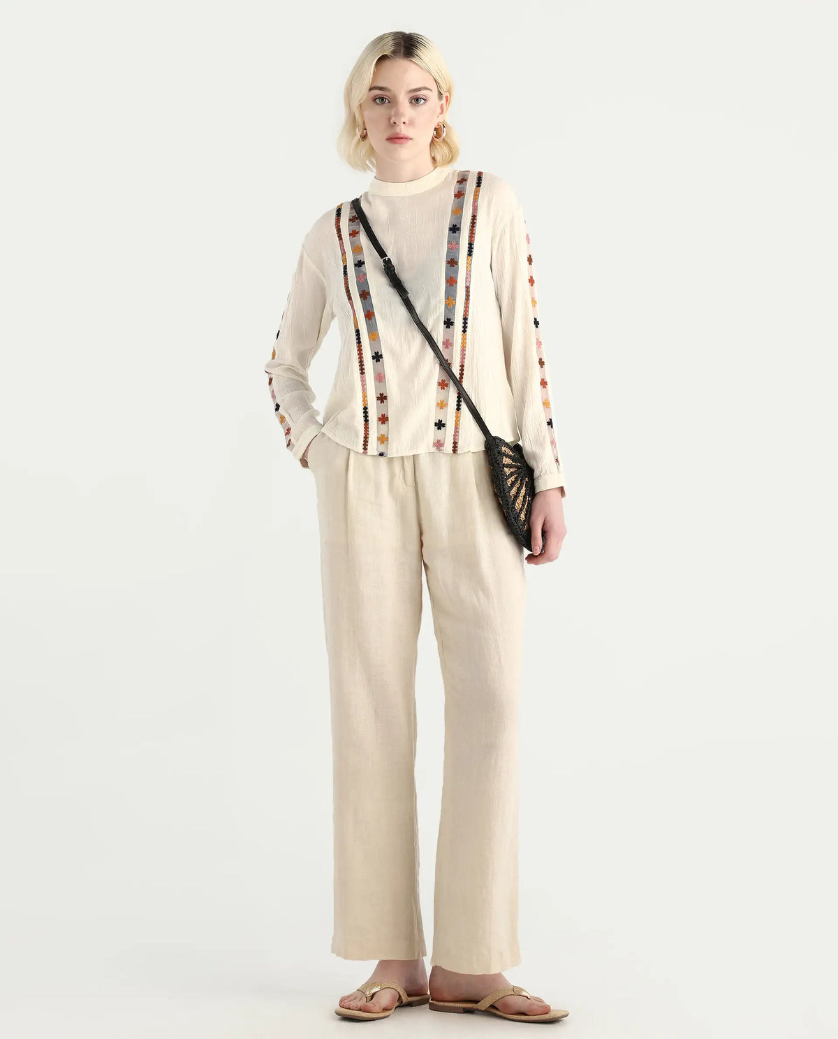 Rareism Women's Ronz Off White Viscose Round Neck Embroidered Relaxed Fit Top