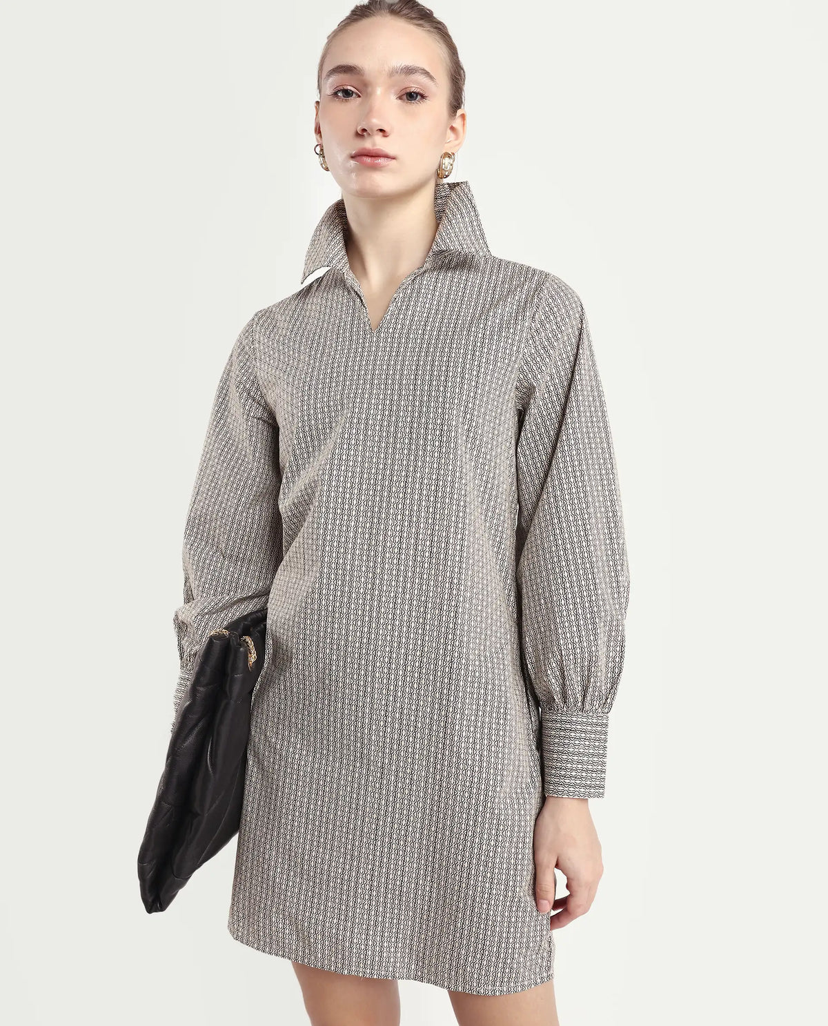 Rareism Women's Rore Beige Cotton Drop Collar Striped Cuffed Sleeve Mini Regular Fit Dress