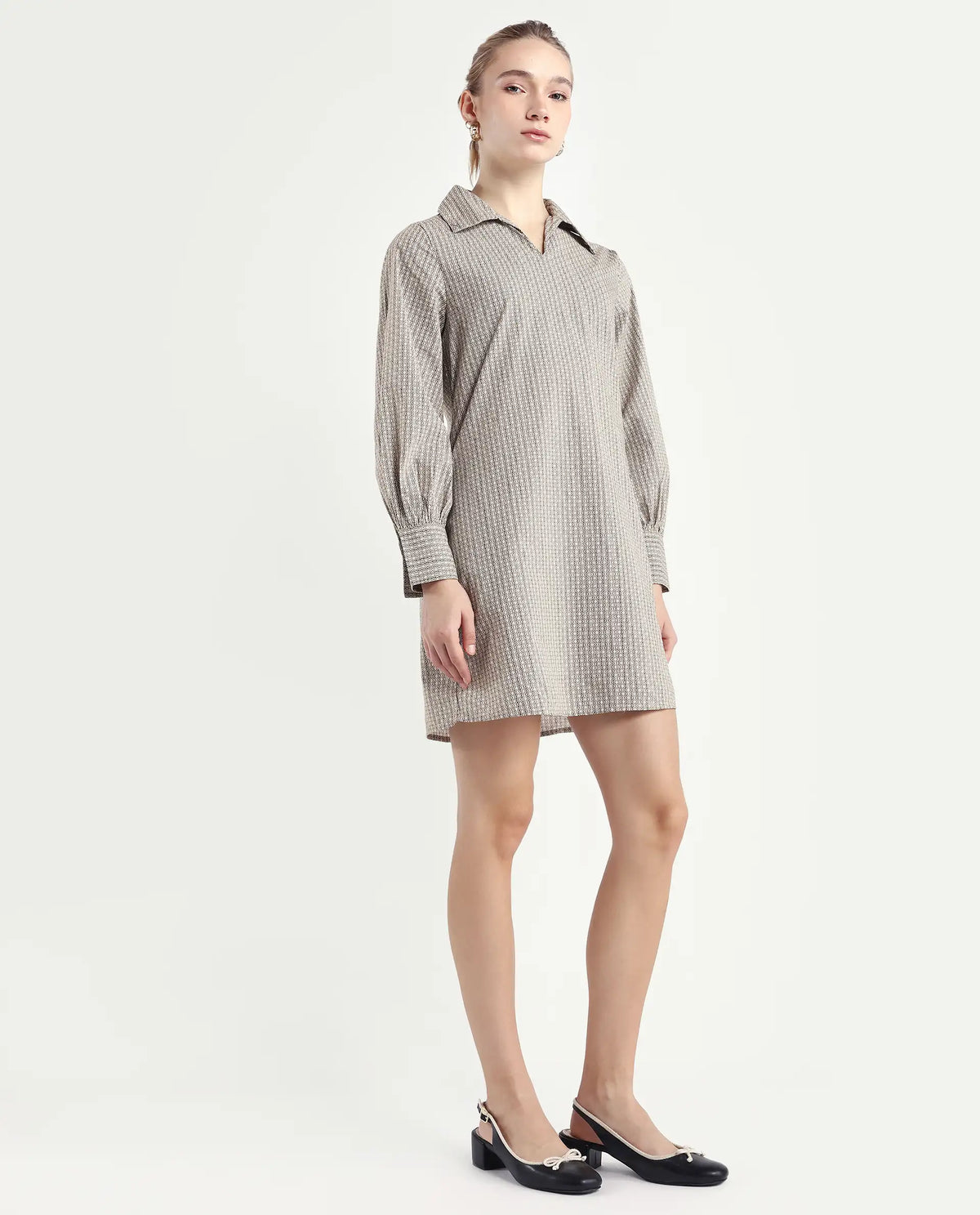 Rareism Women's Rore Beige Cotton Drop Collar Striped Cuffed Sleeve Mini Regular Fit Dress