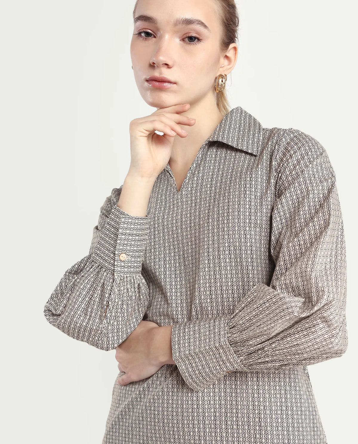 Rareism Women's Rore Beige Cotton Drop Collar Striped Cuffed Sleeve Mini Regular Fit Dress