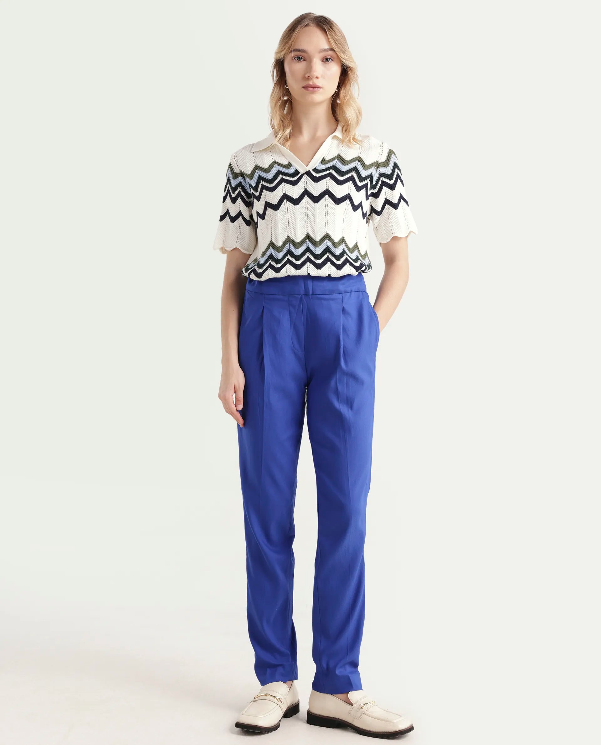 Rareism Women's Rosalia Blue Polyester Blend Plain Ankle Length Relaxed Fit Trouser