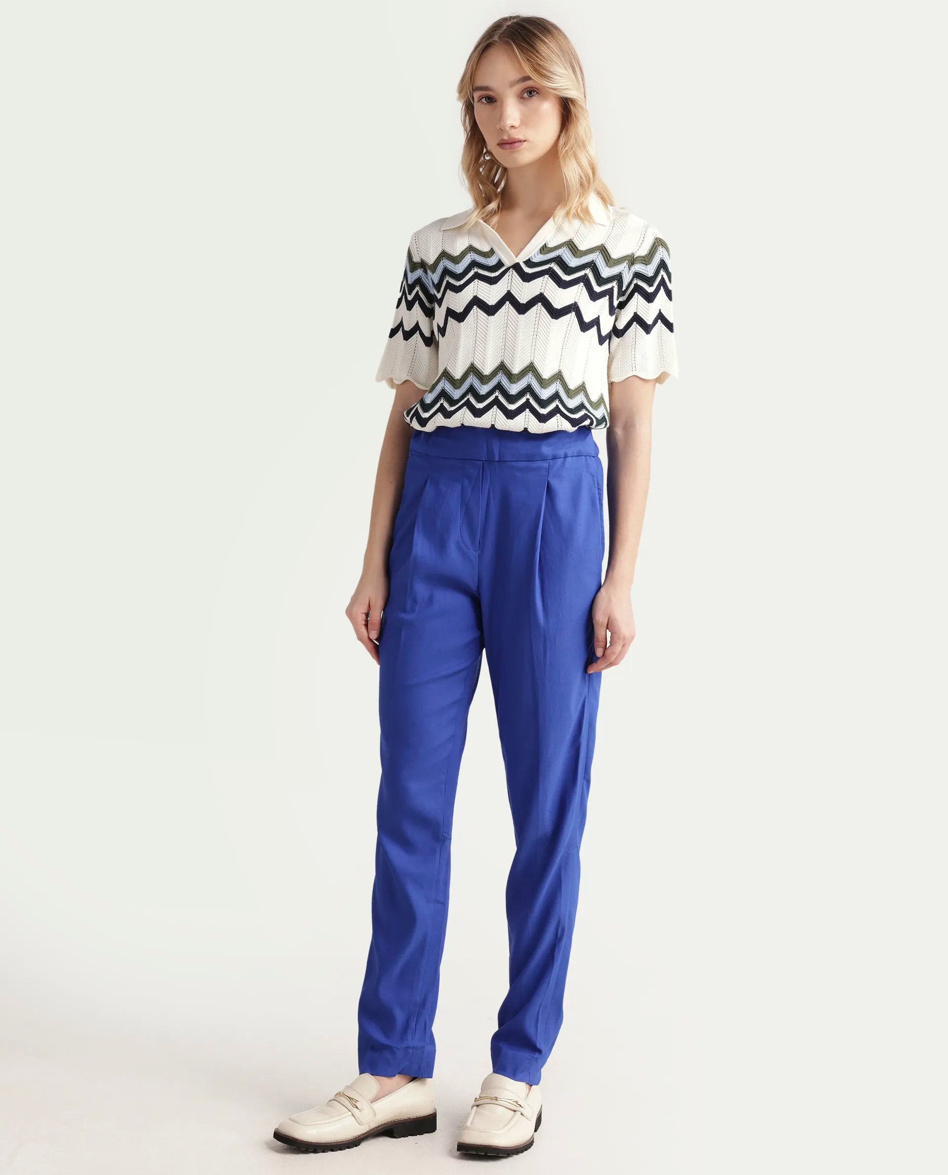 Rareism Women's Rosalia Blue Polyester Blend Plain Ankle Length Relaxed Fit Trouser