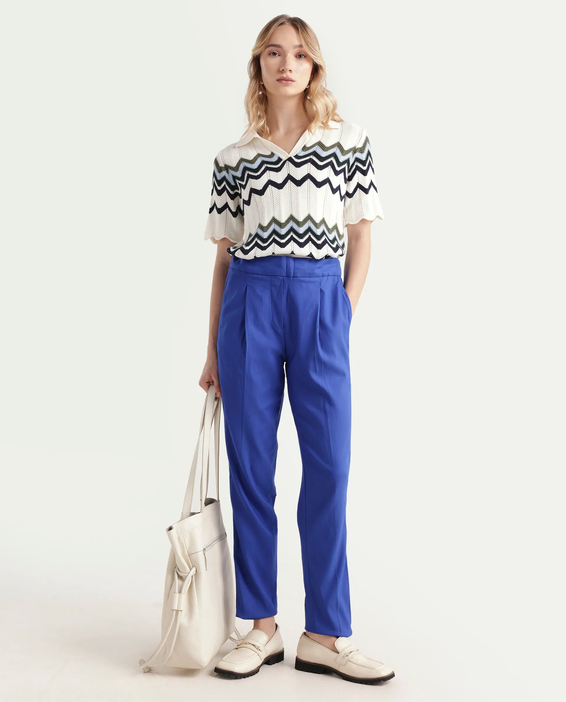 Rareism Women's Rosalia Blue Polyester Blend Plain Ankle Length Relaxed Fit Trouser