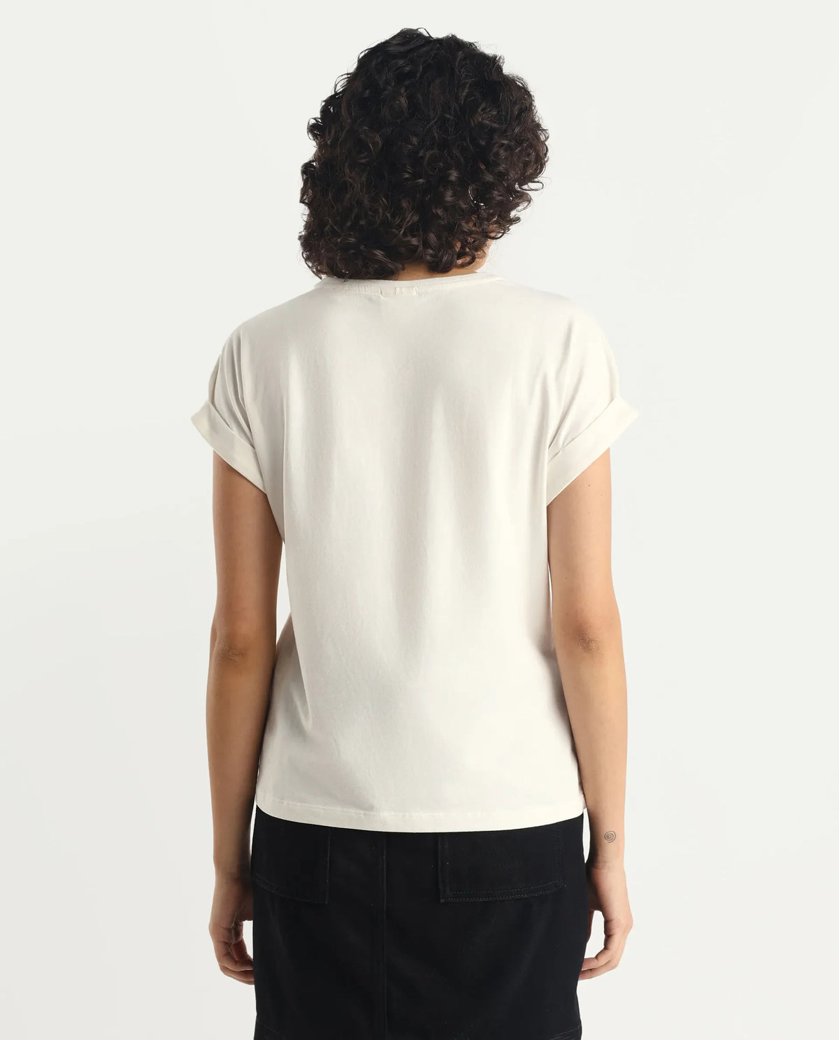 Rareism Women's Rosi Off White Cotton Blend Crew Neck Graphic Print Extended Sleeves Relaxed Fit T-Shirt