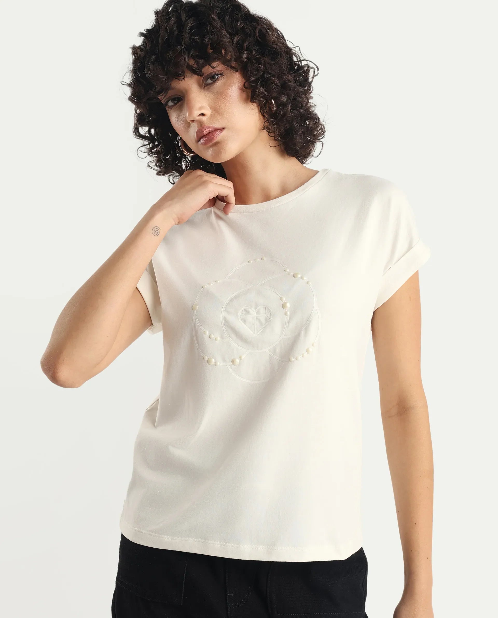 Rareism Women's Rosi Off White Cotton Blend Crew Neck Graphic Print Extended Sleeves Relaxed Fit T-Shirt