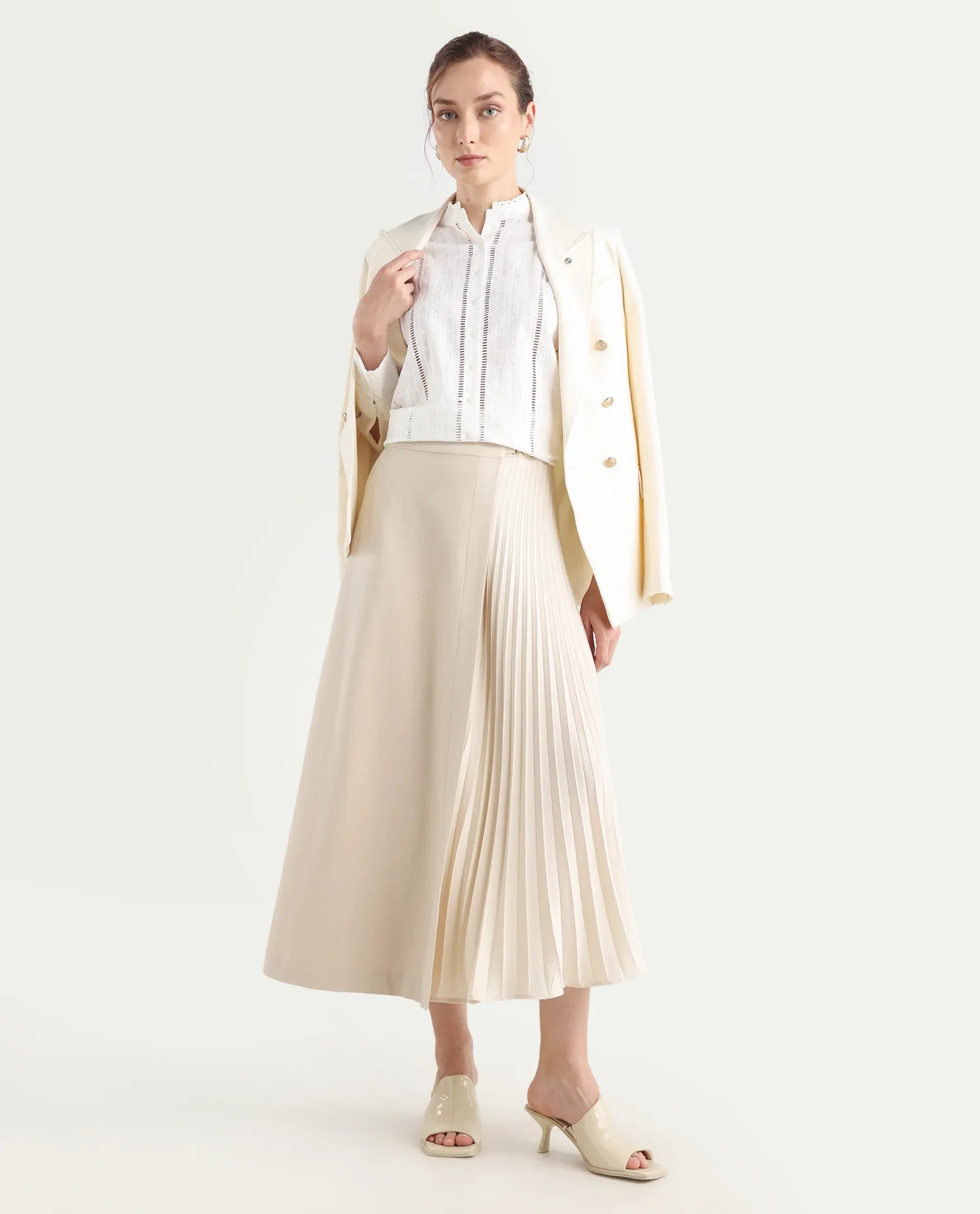 Rareism Women's Roski Light Beige Polyester Blend Flared Skirt