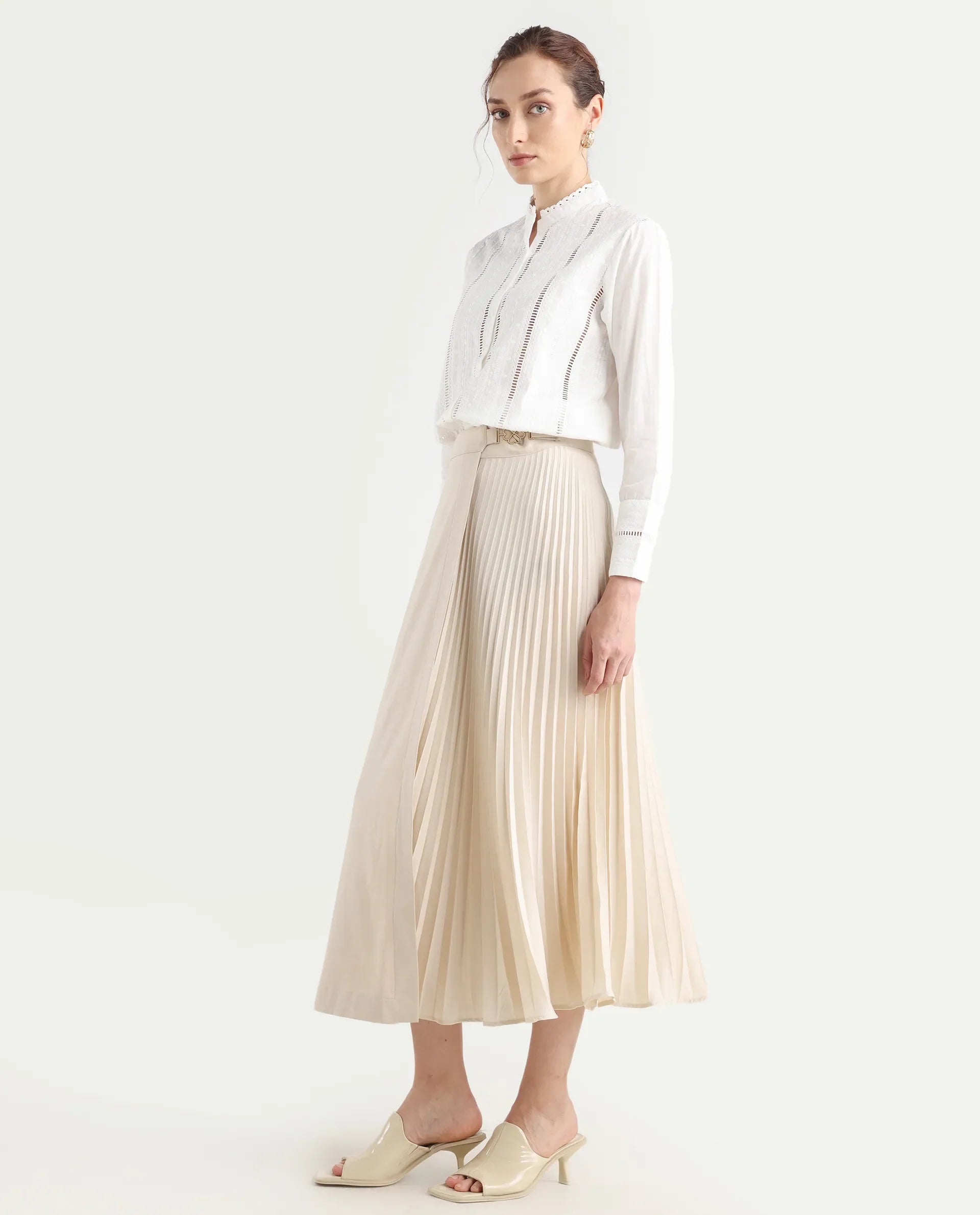 Rareism Women's Roski Light Beige Polyester Blend Flared Skirt