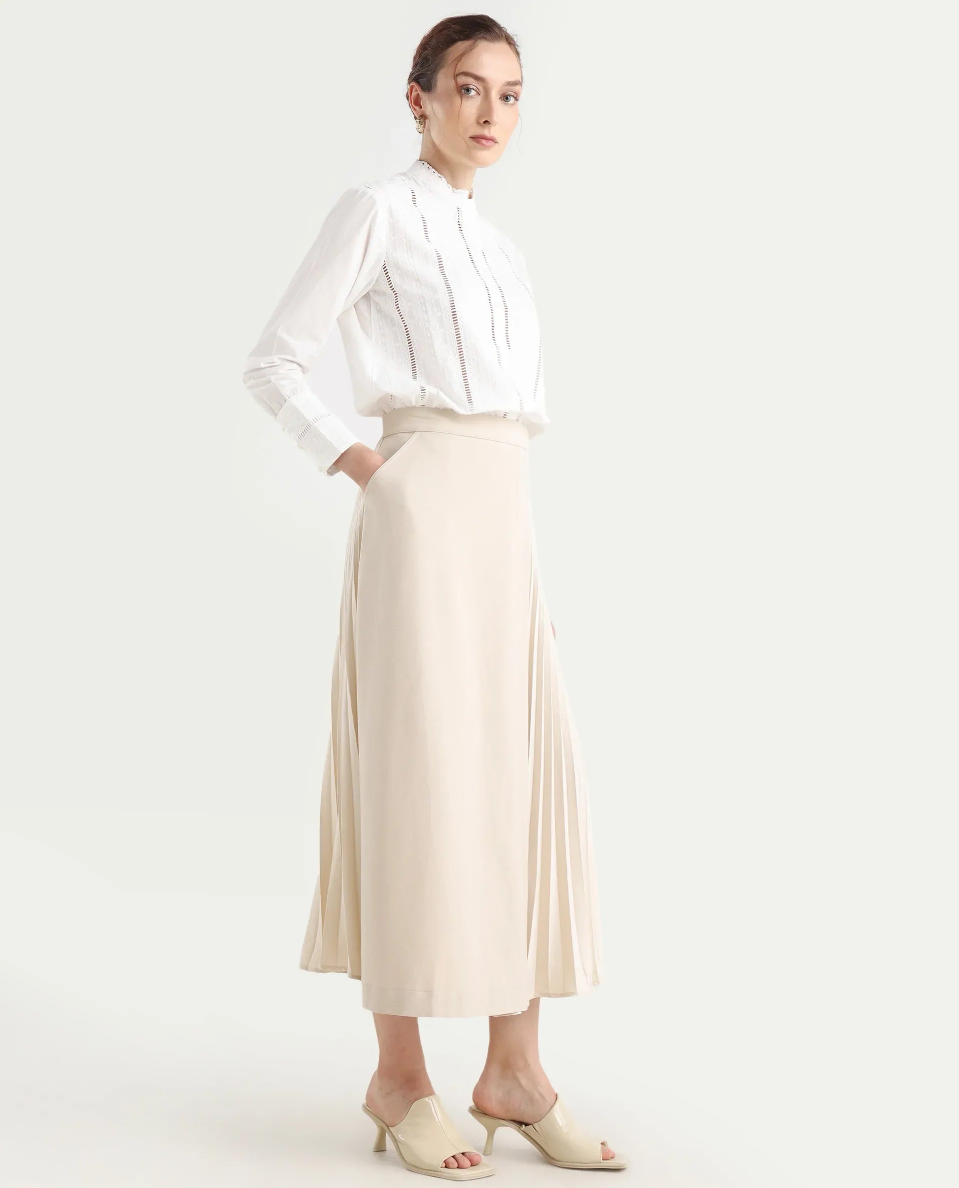 Rareism Women's Roski Light Beige Polyester Blend Flared Skirt