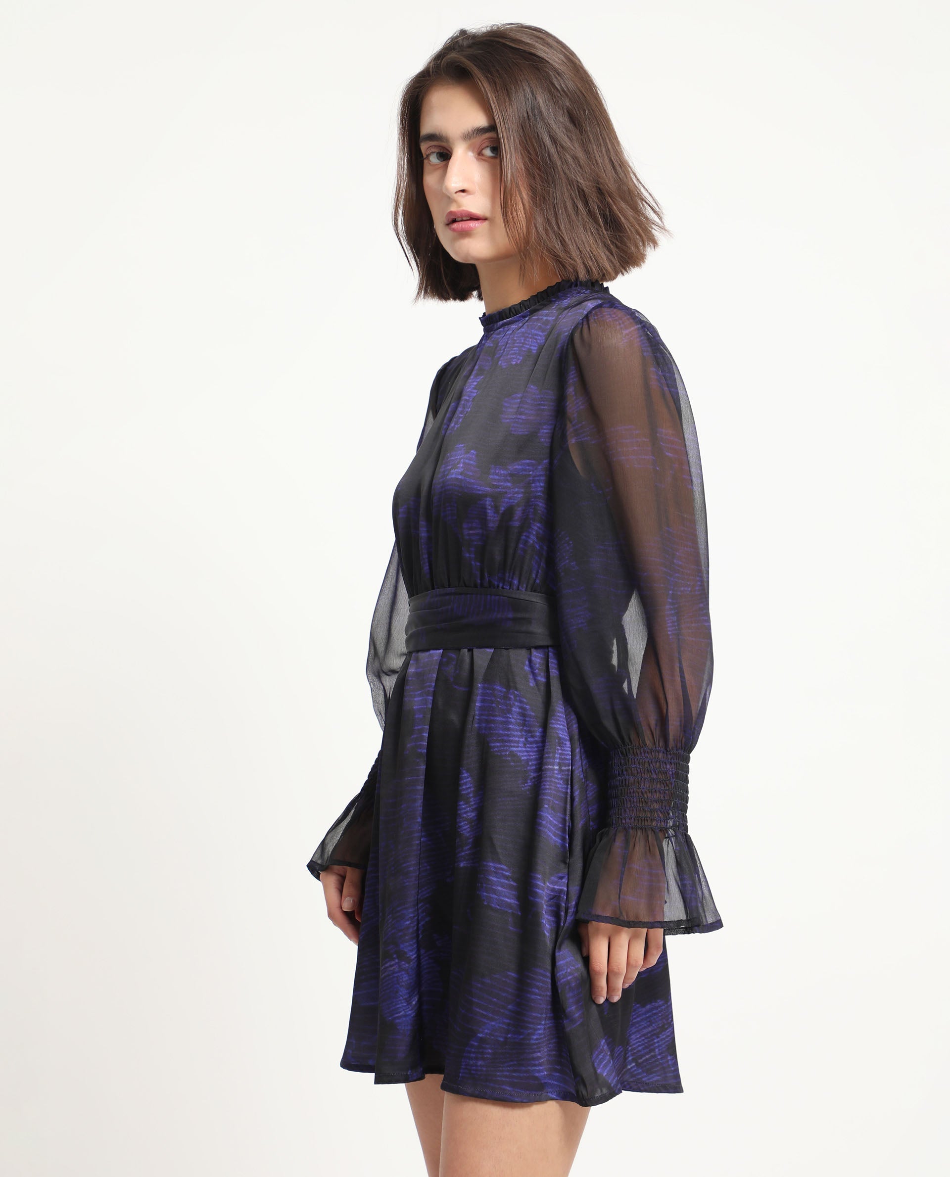 Rareism Women's Rossel Dark Navy Polyester High Neck Abstract Print Balloon Sleeve Mini Regular Fit Dress