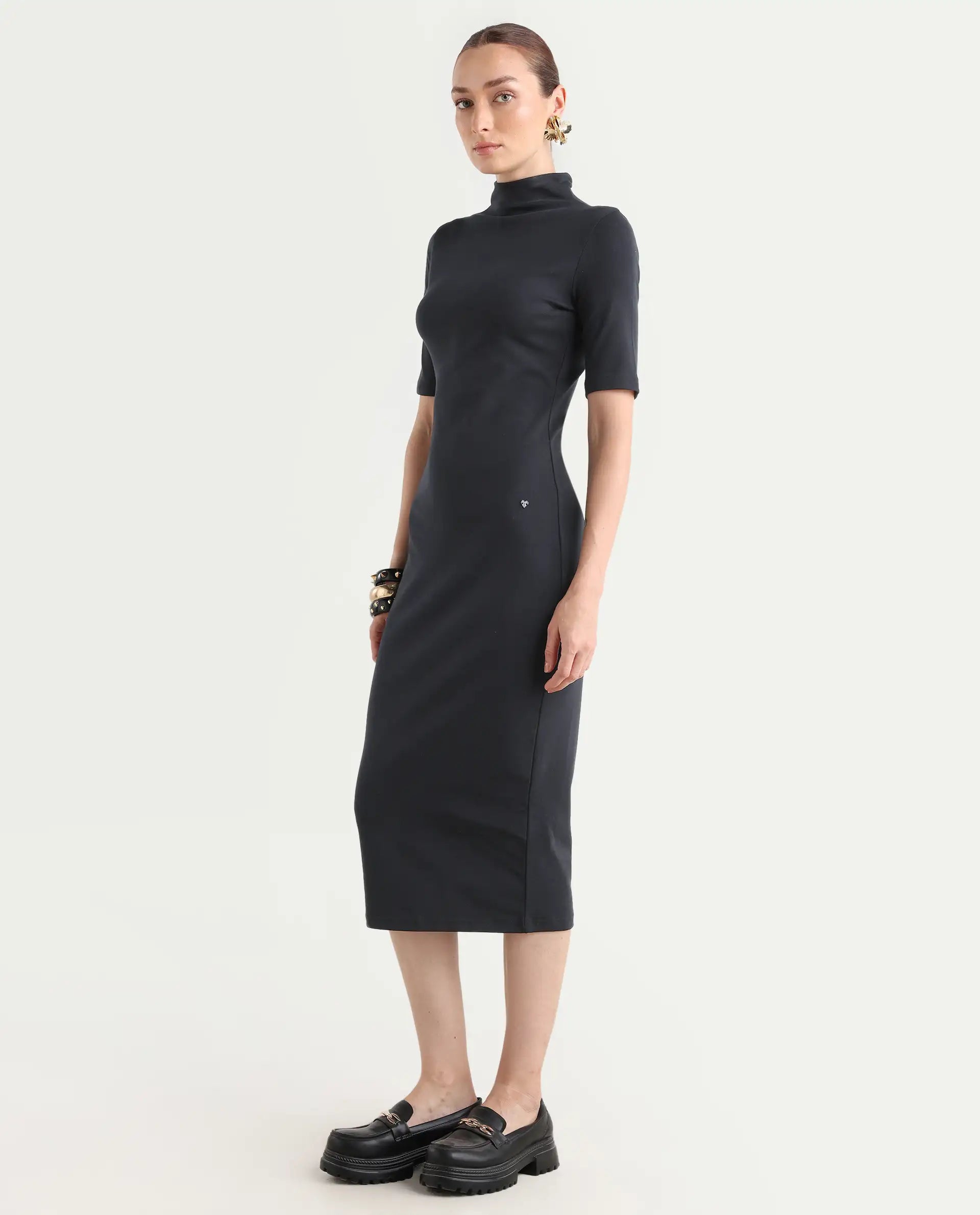 Rareism Women's Rotary Black Cotton Blend High Neck Plain Maxi Slim Fit Dress