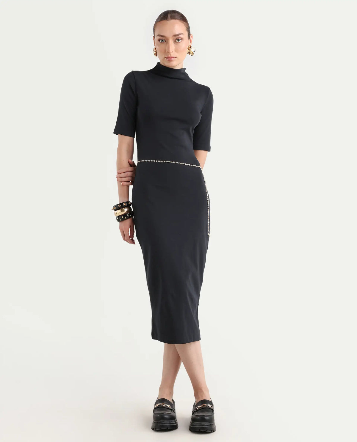 Rareism Women's Rotary Black Cotton Blend High Neck Plain Maxi Slim Fit Dress