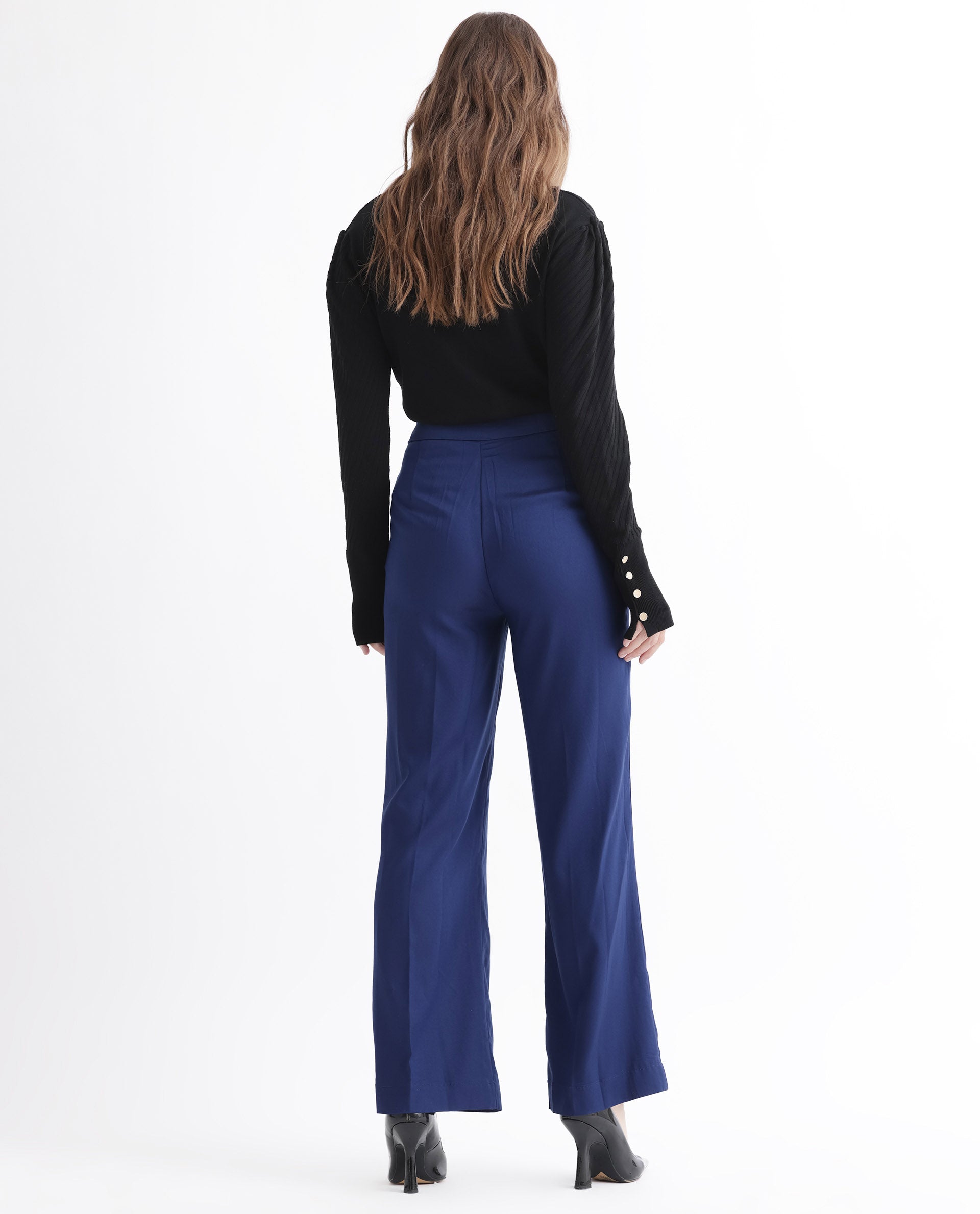 Rareism Women's Rotel Navy Polyester Plain Ankle Length Relaxed Fit Trouser
