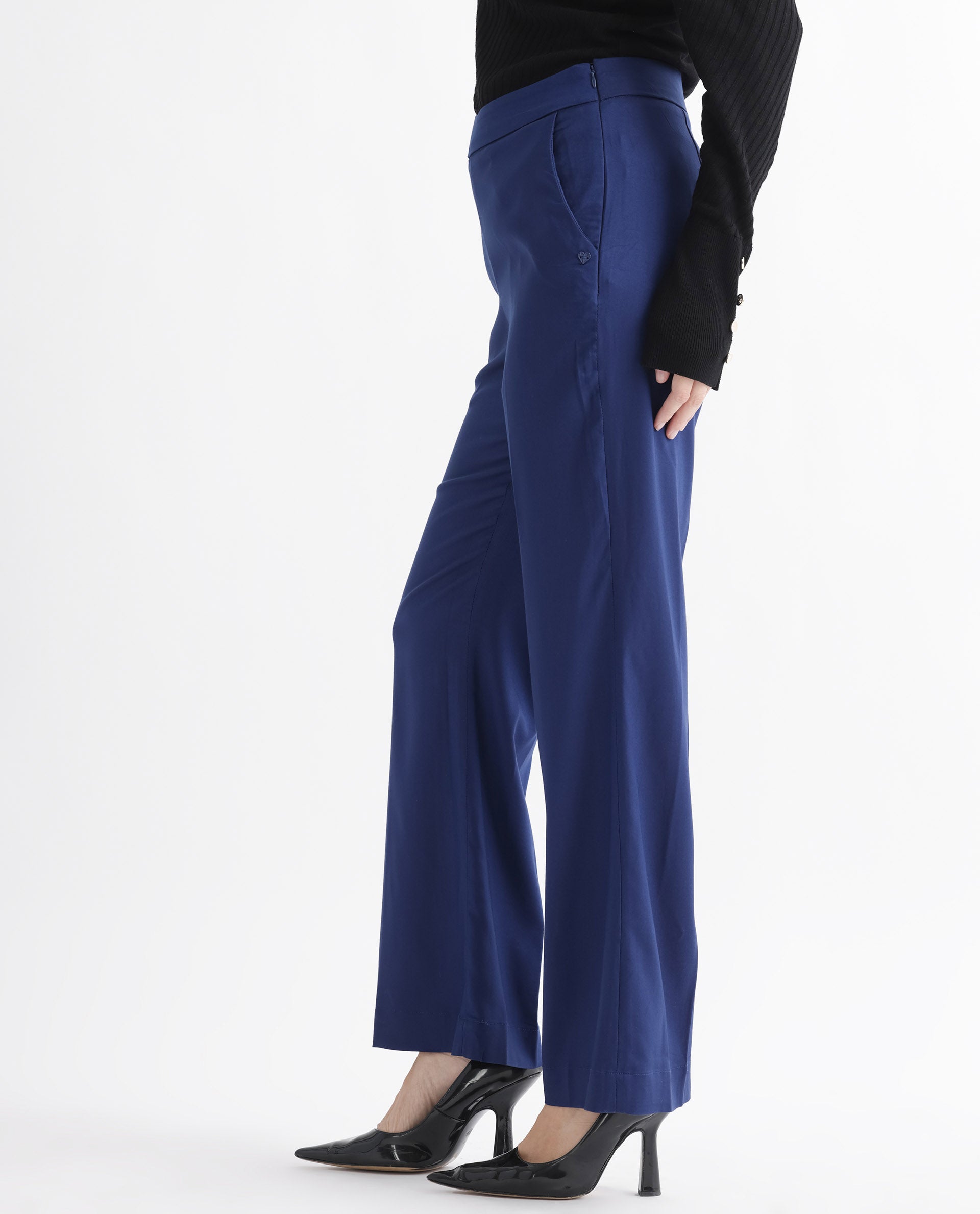 Rareism Women's Rotel Navy Polyester Plain Ankle Length Relaxed Fit Trouser