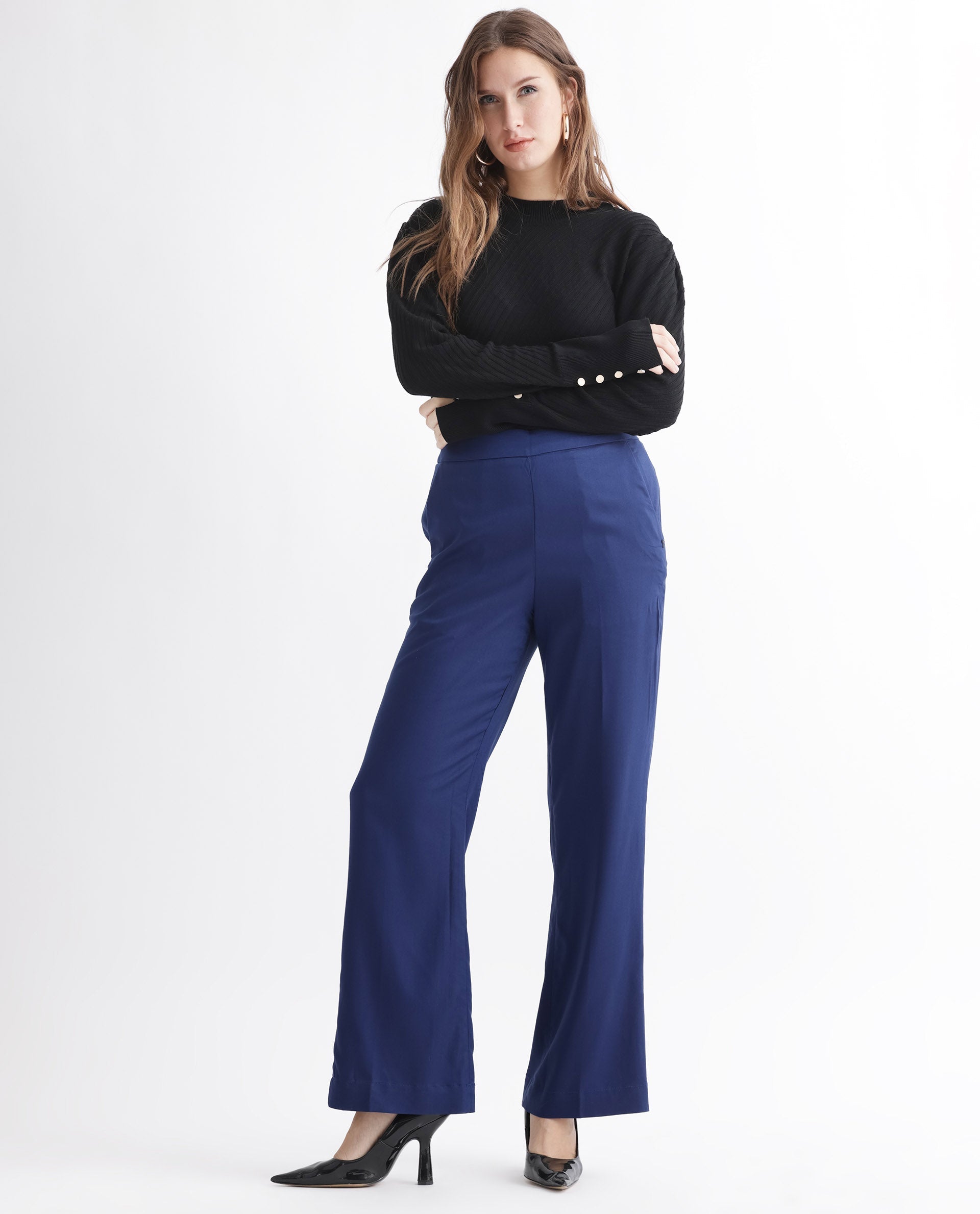 Rareism Women's Rotel Navy Polyester Plain Ankle Length Relaxed Fit Trouser