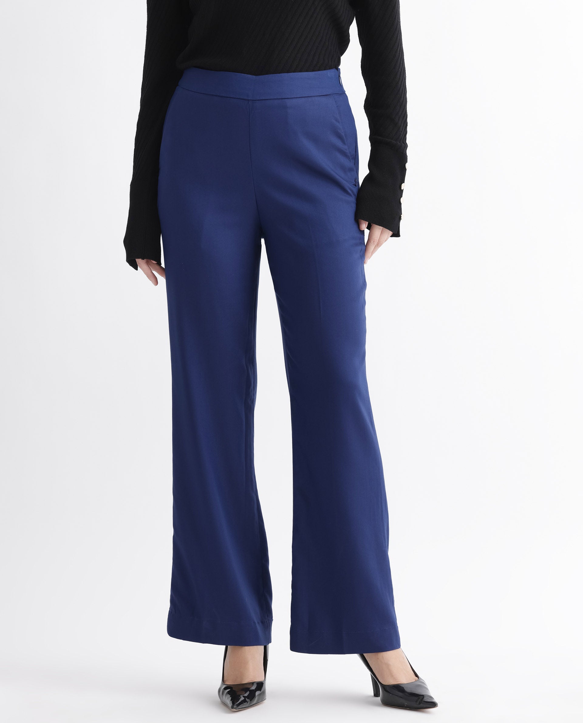 Rareism Women's Rotel Navy Polyester Plain Ankle Length Relaxed Fit Trouser