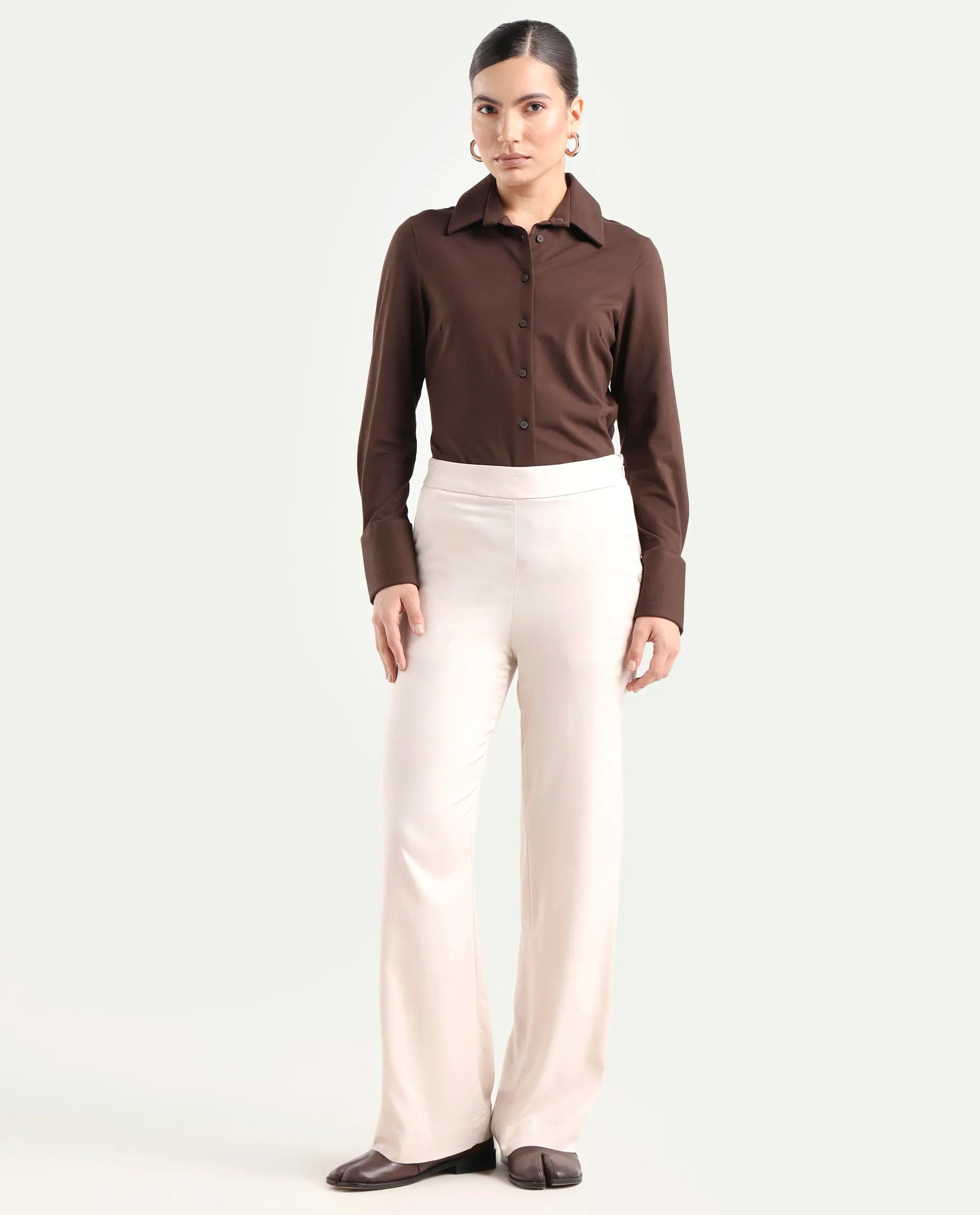 Rareism Women's Rotel Light Beige Polyester Plain Ankle Length Relaxed Fit Trouser