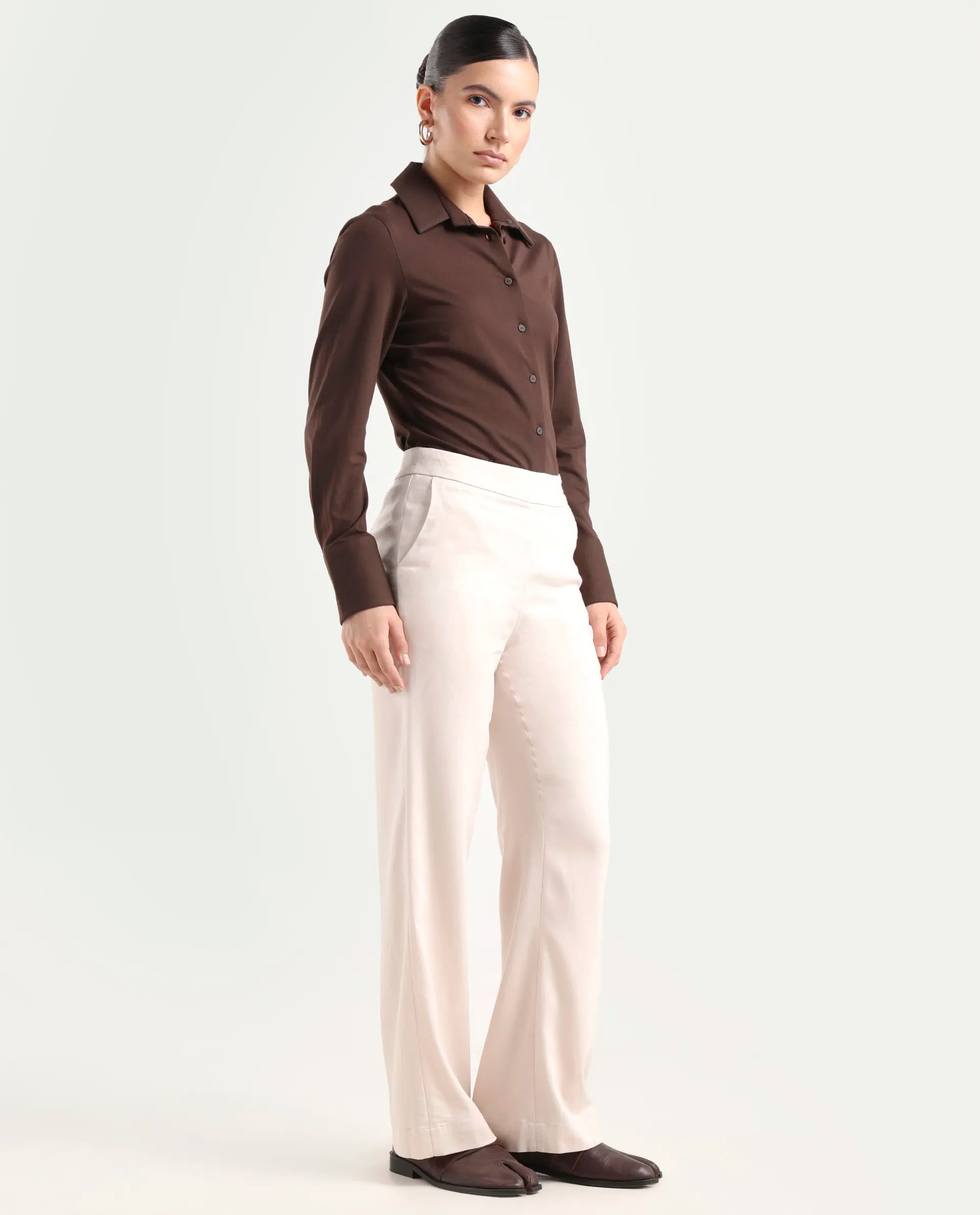 Rareism Women's Rotel Light Beige Polyester Plain Ankle Length Relaxed Fit Trouser